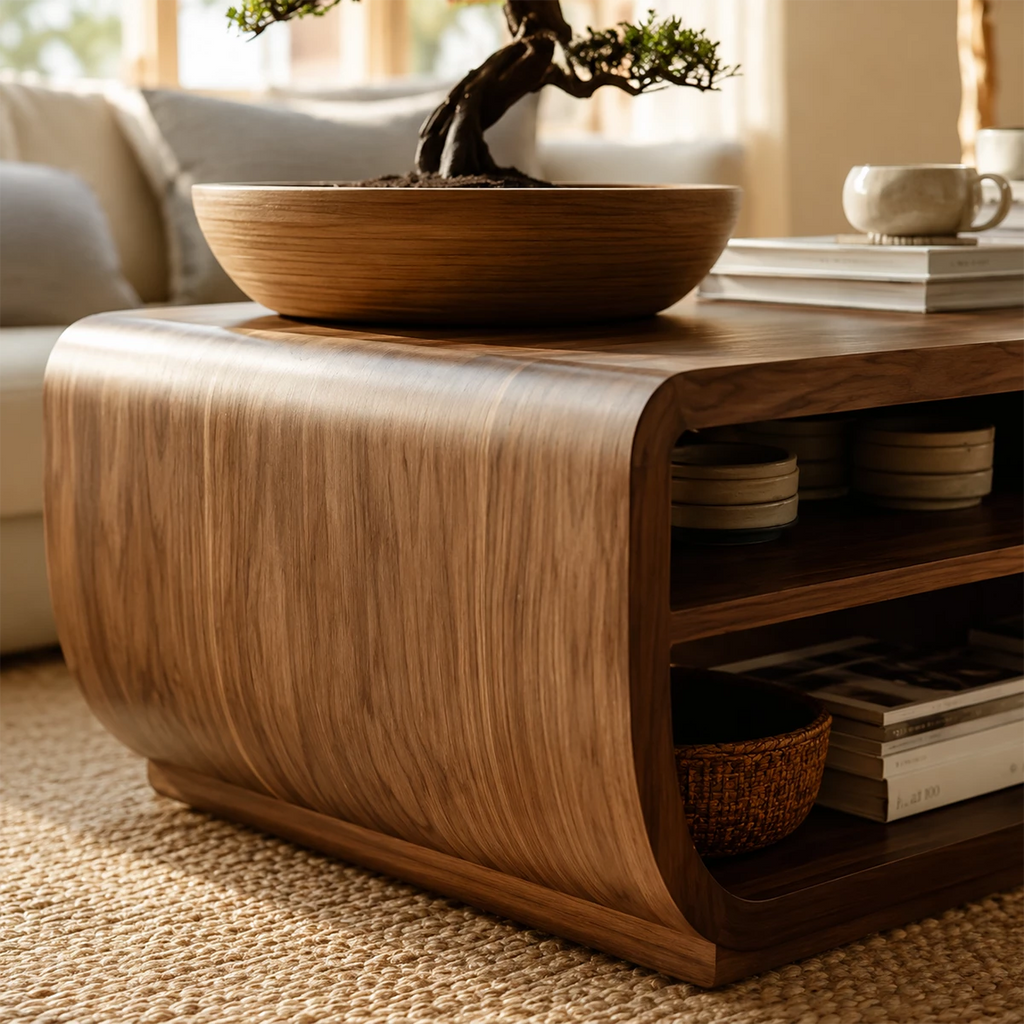 Curved Solid Wood Coffee Table With Storage Drawers Open Shelf And Rounded Waterfall Sides For Modern Living Room