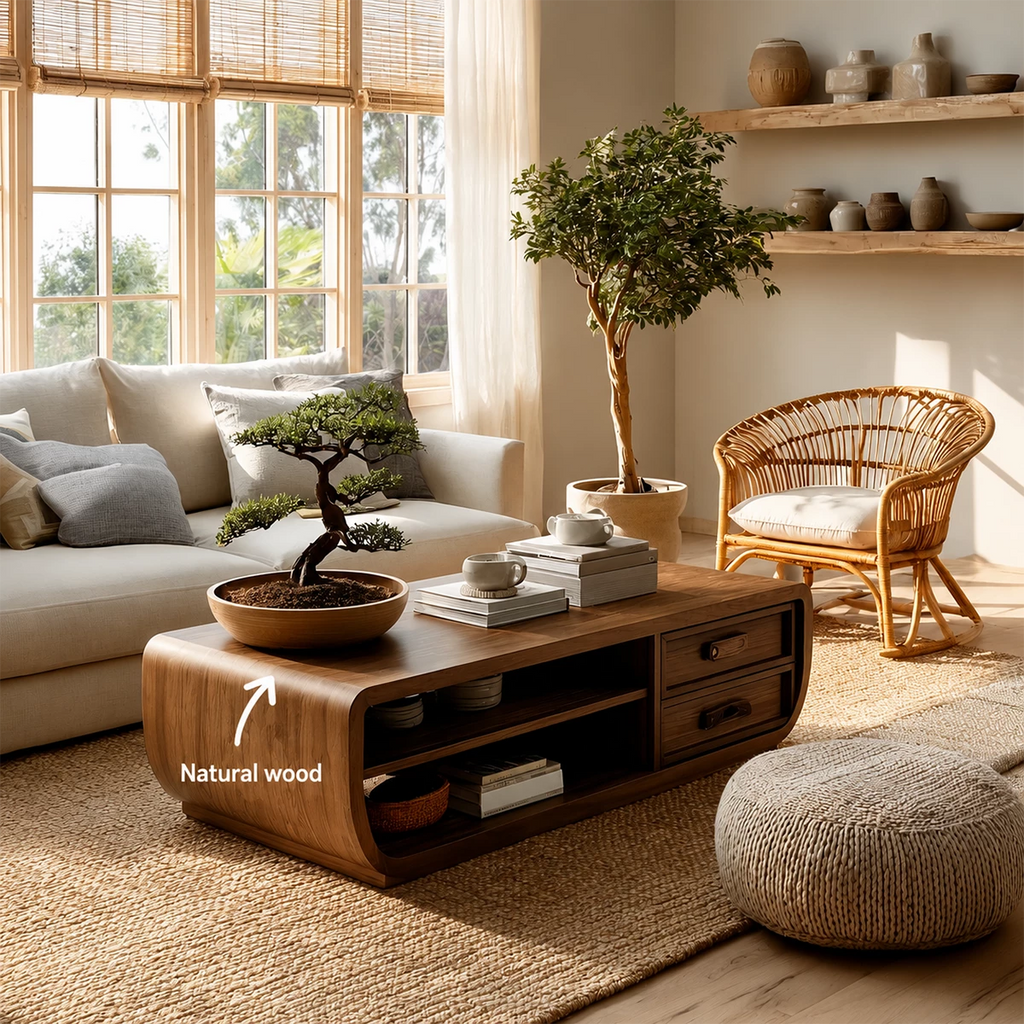 Curved Solid Wood Coffee Table With Storage Drawers Open Shelf And Rounded Waterfall Sides For Modern Living Room