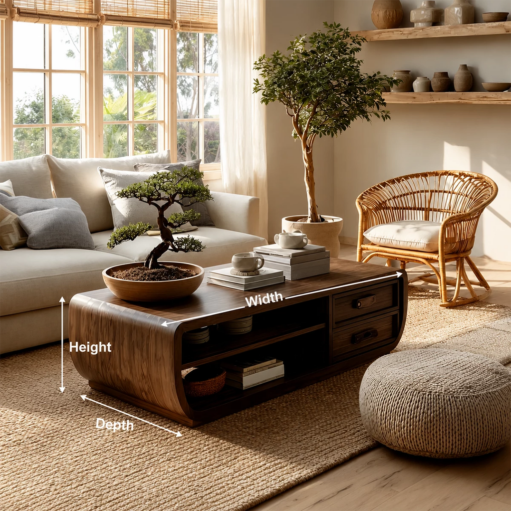 Curved Solid Wood Coffee Table With Storage Drawers Open Shelf And Rounded Waterfall Sides For Modern Living Room