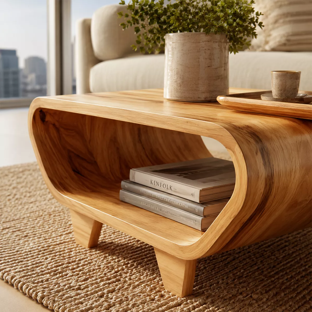 Curved Solid Wood Coffee Table With Open Shelf Rounded Sides And Natural Wood Grain For Modern Living Room