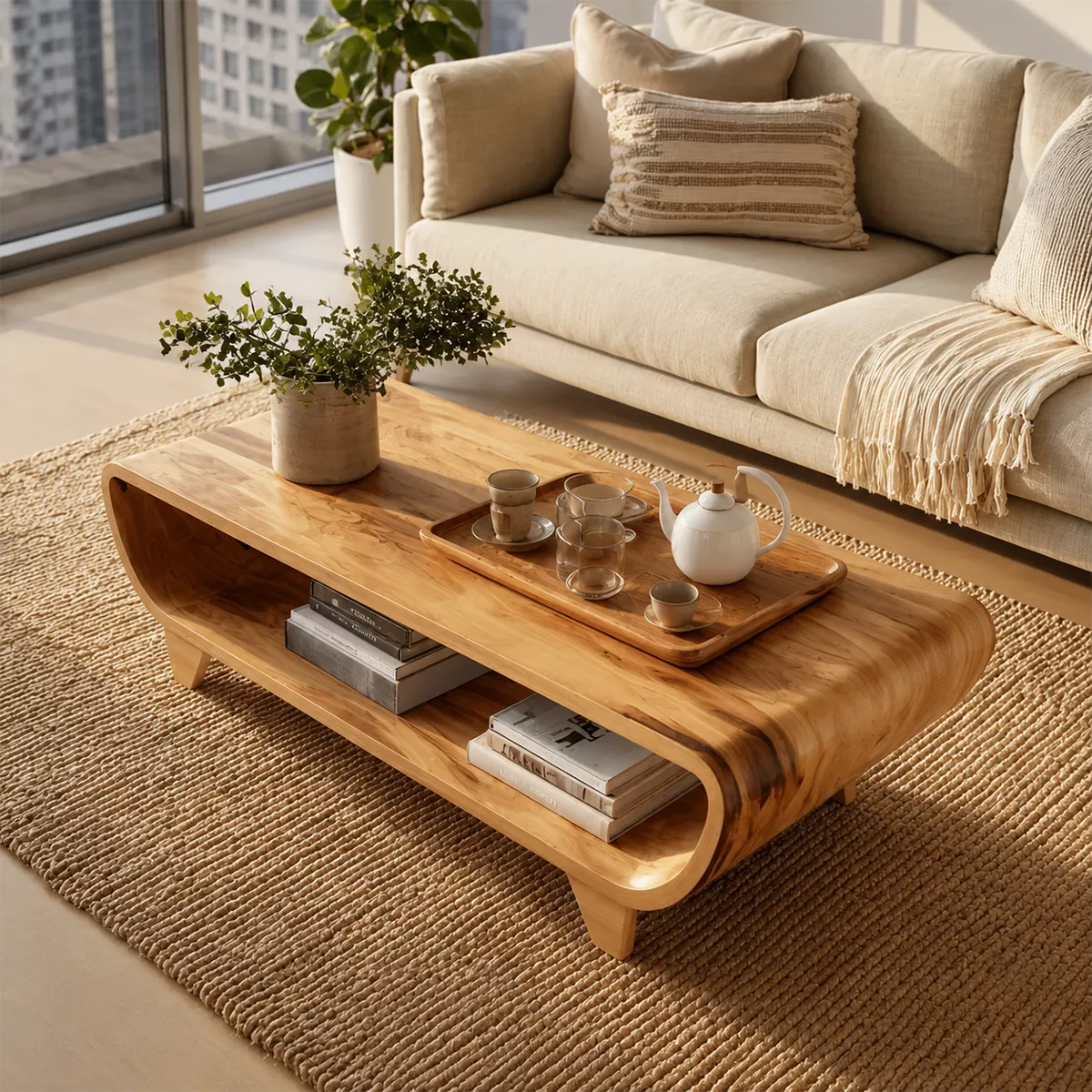 Curved Solid Wood Coffee Table With Open Shelf Rounded Sides And Natural Wood Grain For Modern Living Room