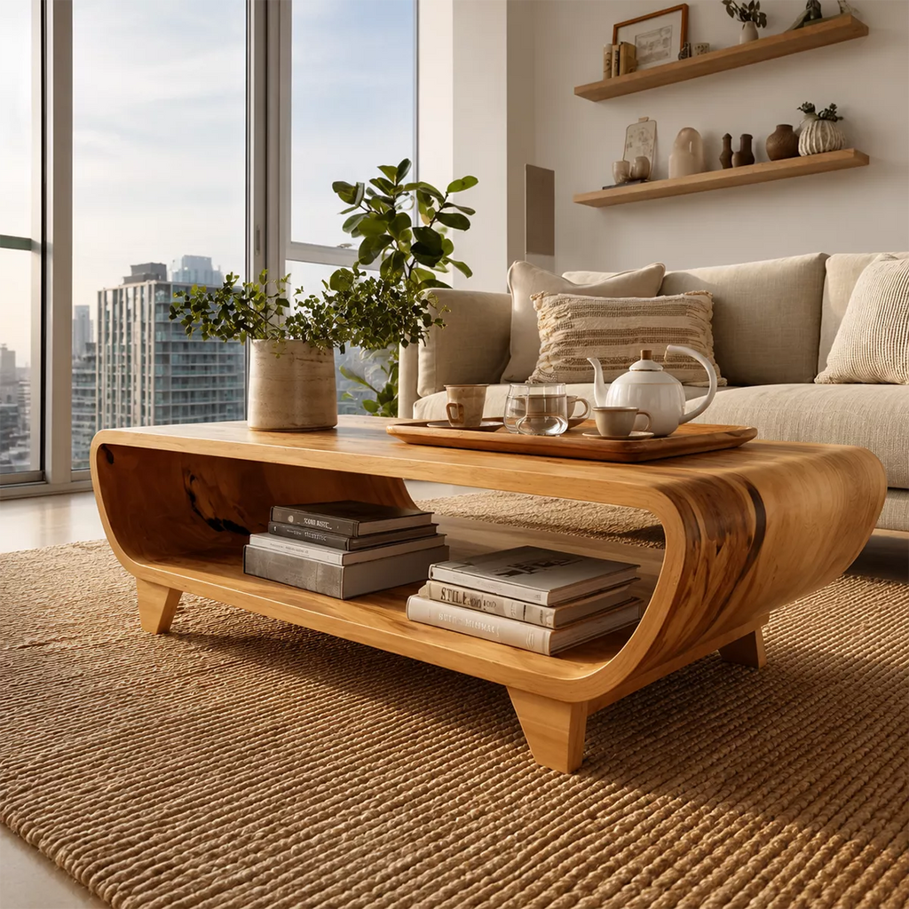 Curved Solid Wood Coffee Table With Open Shelf Rounded Sides And Natural Wood Grain For Modern Living Room