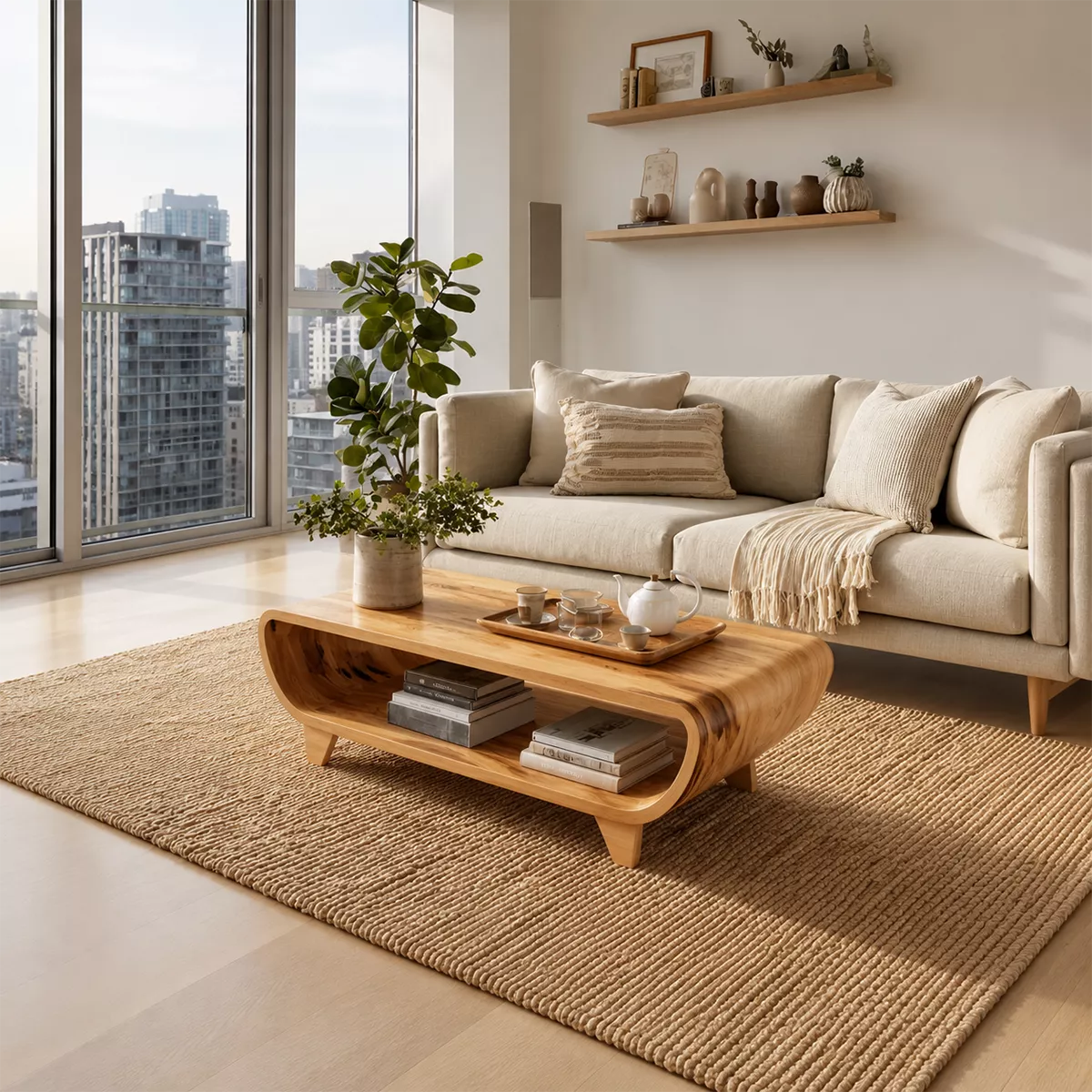 Curved Solid Wood Coffee Table With Open Shelf Rounded Sides And Natural Wood Grain For Modern Living Room
