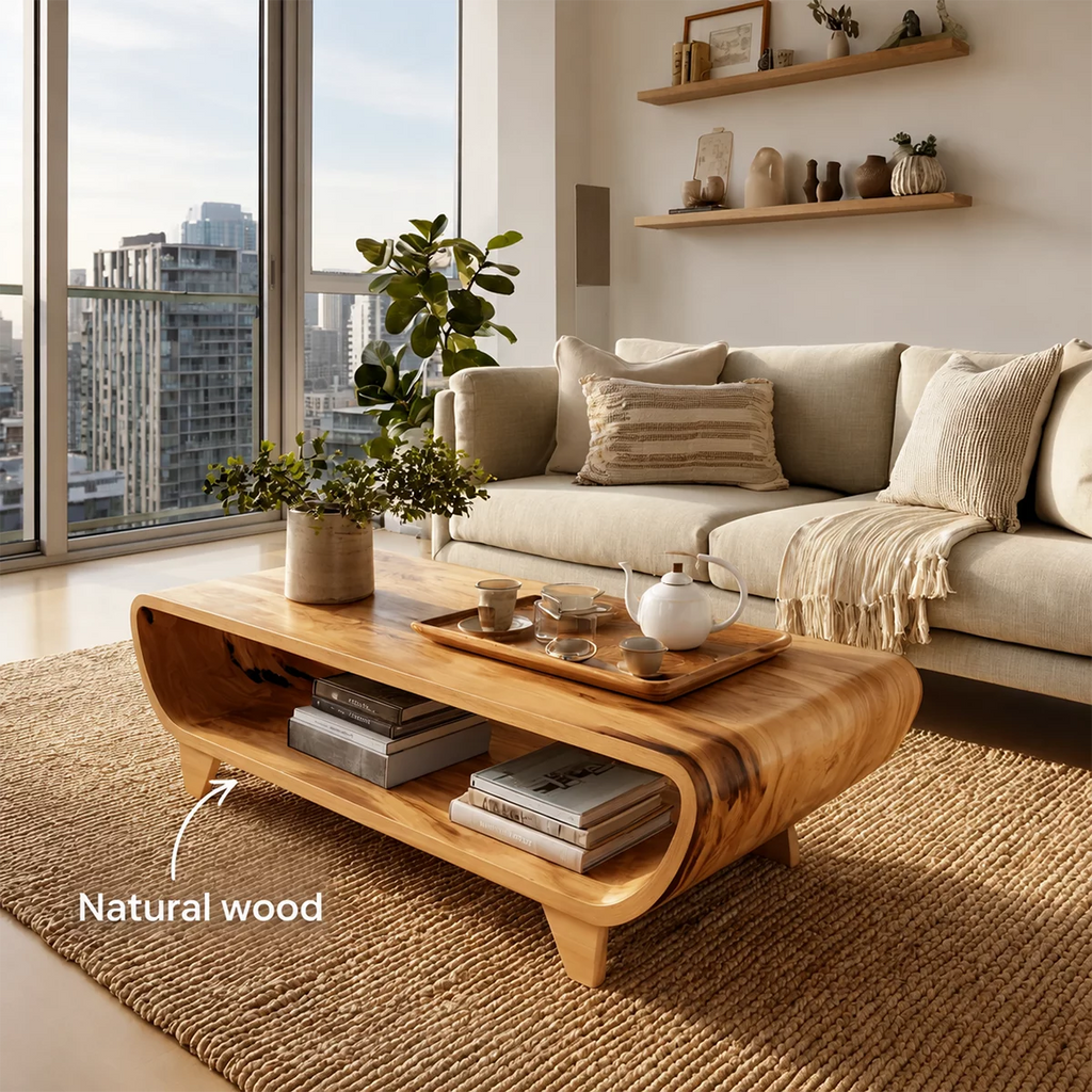 Curved Solid Wood Coffee Table With Open Shelf Rounded Sides And Natural Wood Grain For Modern Living Room