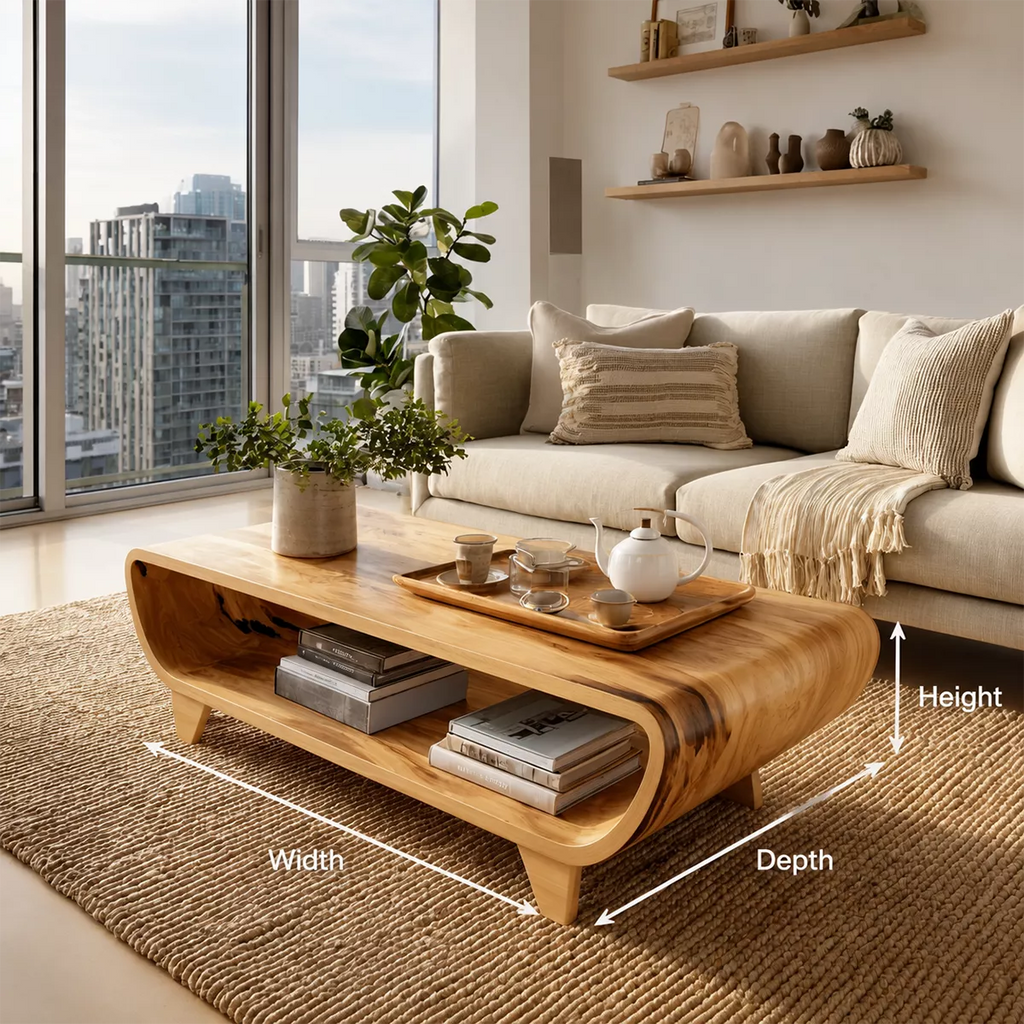 Curved Solid Wood Coffee Table With Open Shelf Rounded Sides And Natural Wood Grain For Modern Living Room