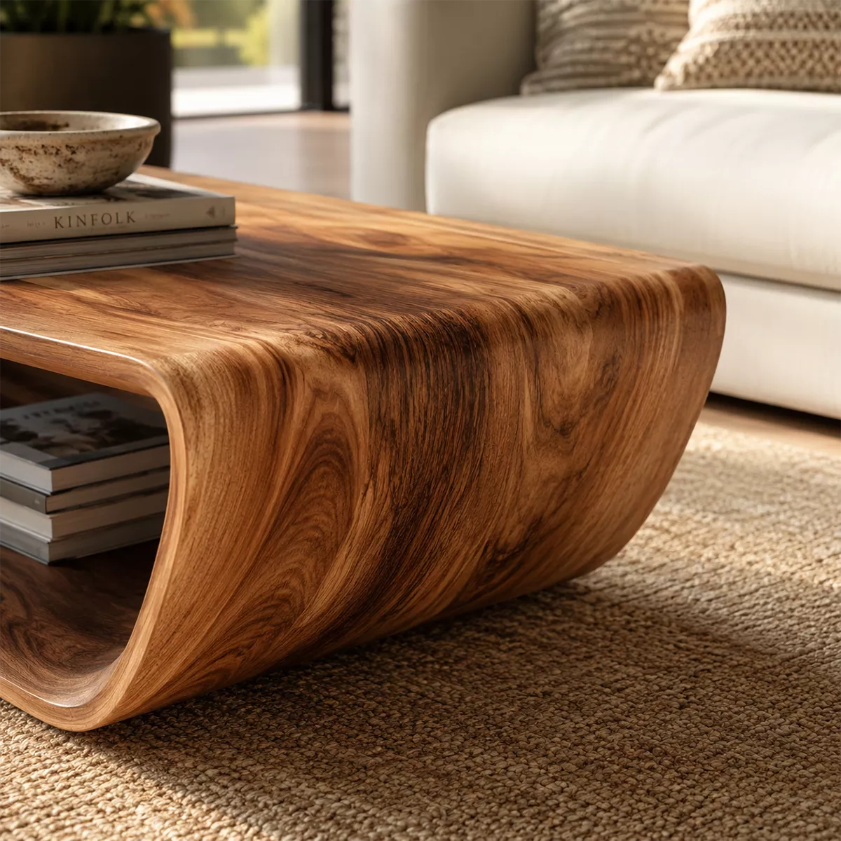 Sculptural Solid Wood Coffee Table With Curved Waterfall Frame Storage Drawer And Open Shelf For Modern Living Room