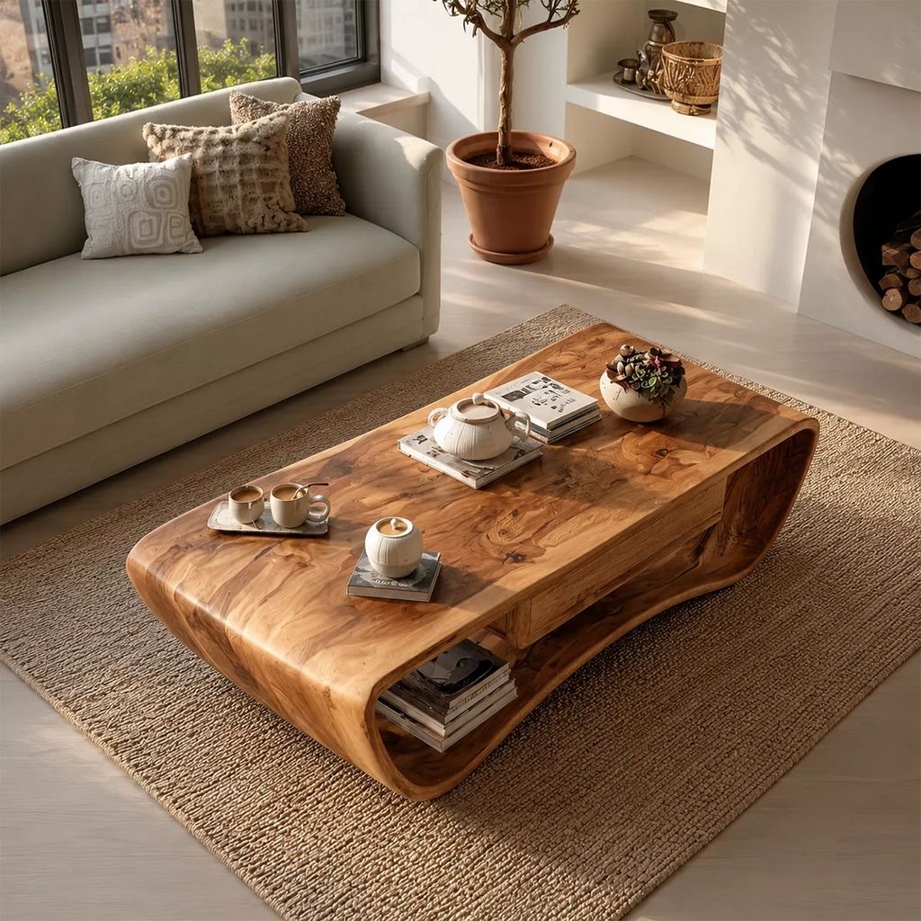 Sculptural Solid Wood Coffee Table With Curved Waterfall Frame Storage Drawer And Open Shelf For Modern Living Room