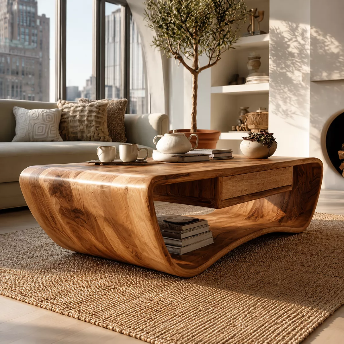 Sculptural Solid Wood Coffee Table With Curved Waterfall Frame Storage Drawer And Open Shelf For Modern Living Room