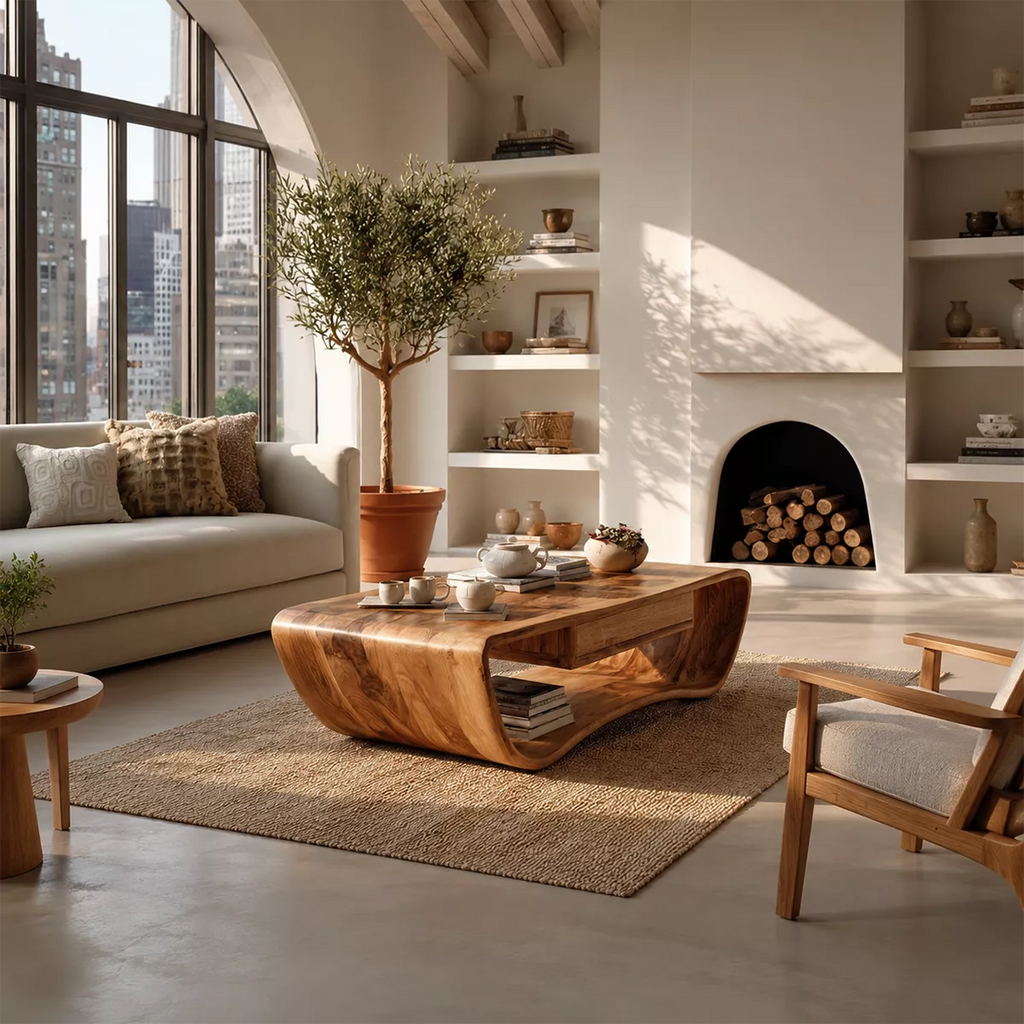 Sculptural Solid Wood Coffee Table With Curved Waterfall Frame Storage Drawer And Open Shelf For Modern Living Room