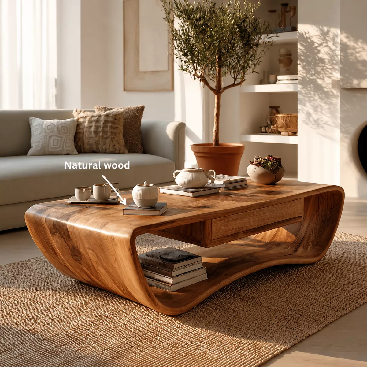 Sculptural Solid Wood Coffee Table With Curved Waterfall Frame Storage Drawer And Open Shelf For Modern Living Room