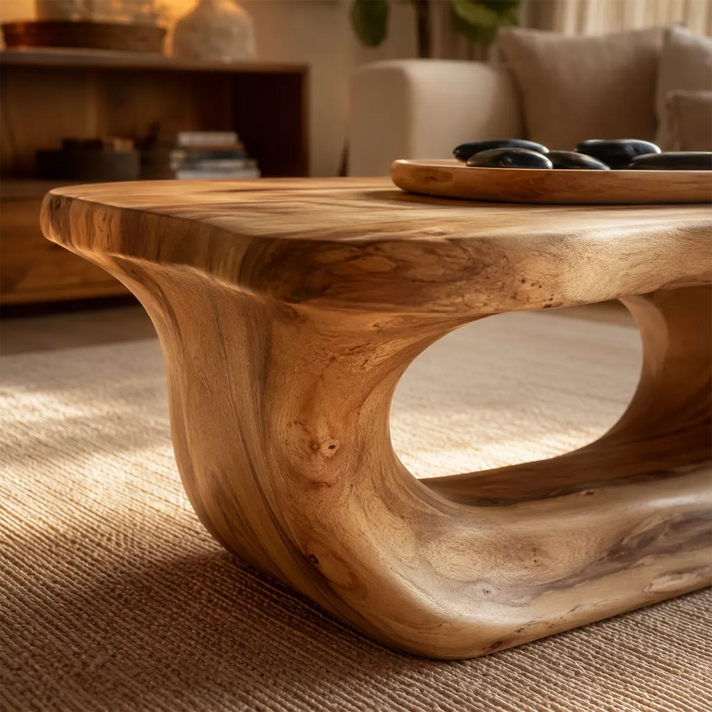 Organic Solid Wood Coffee Table With Live Edge Top And Sculptural Hollow Base For Cozy Living Room