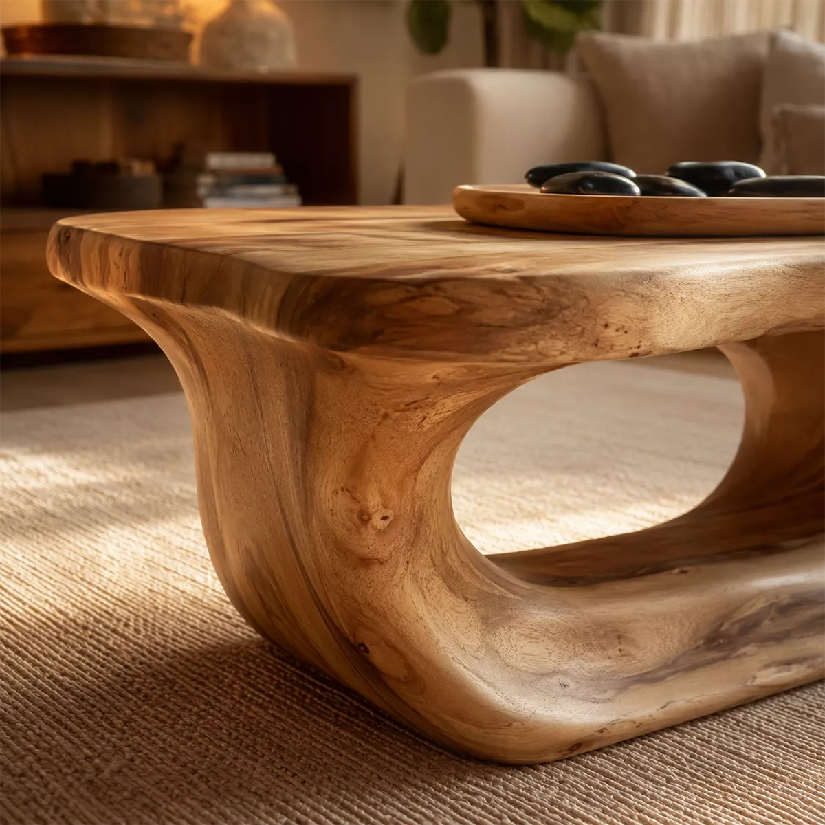 Organic Solid Wood Coffee Table With Live Edge Top And Sculptural Hollow Base For Cozy Living Room
