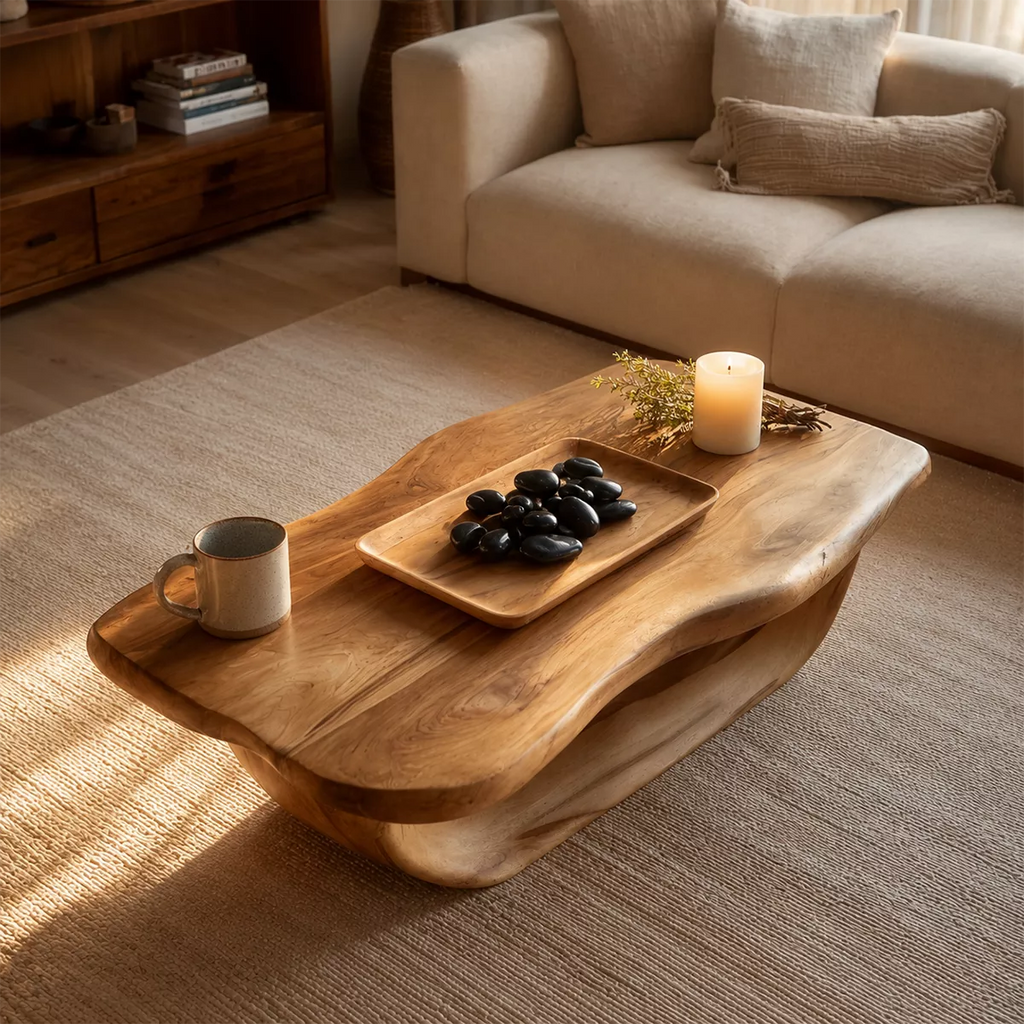 Organic Solid Wood Coffee Table With Live Edge Top And Sculptural Hollow Base For Cozy Living Room
