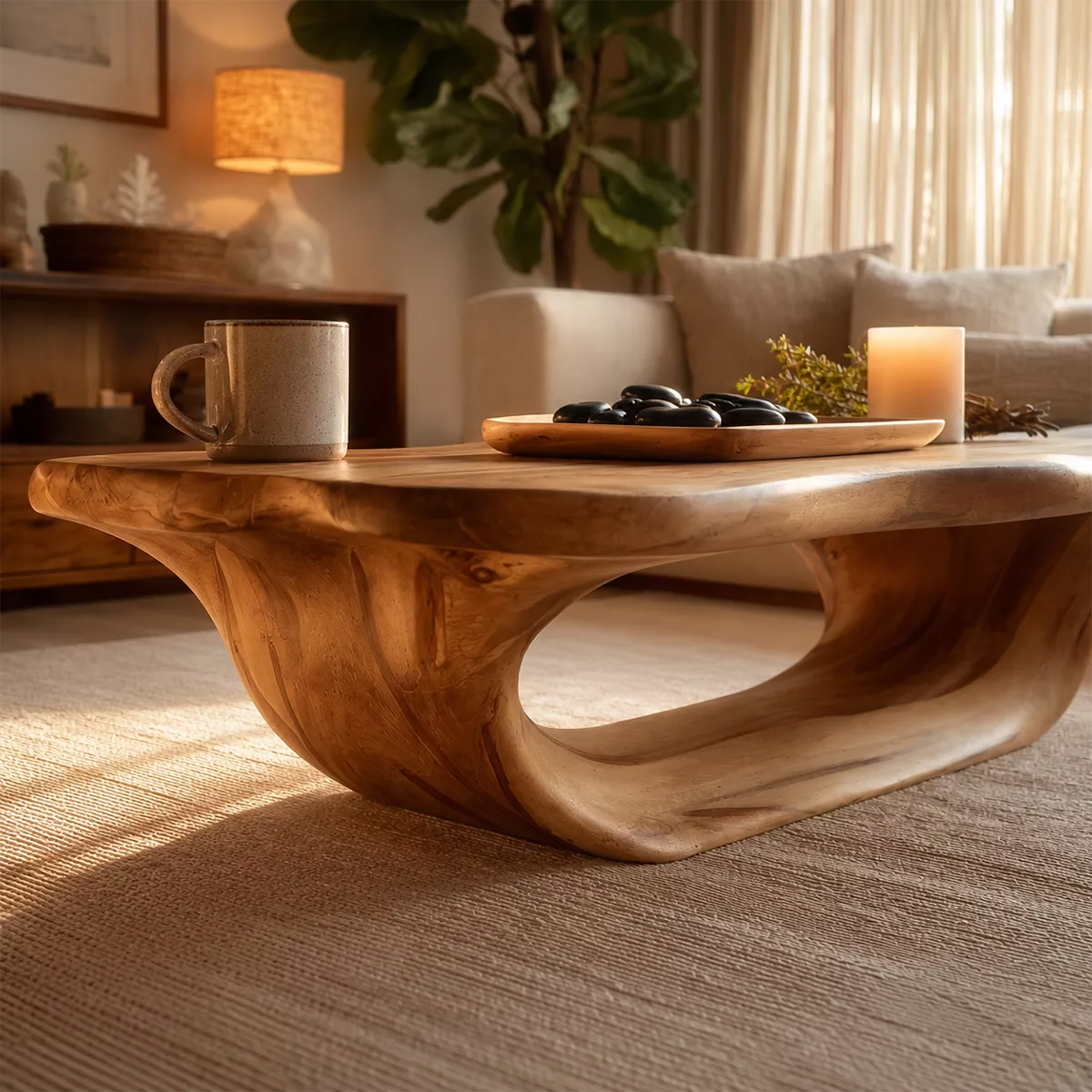 Organic Solid Wood Coffee Table With Live Edge Top And Sculptural Hollow Base For Cozy Living Room