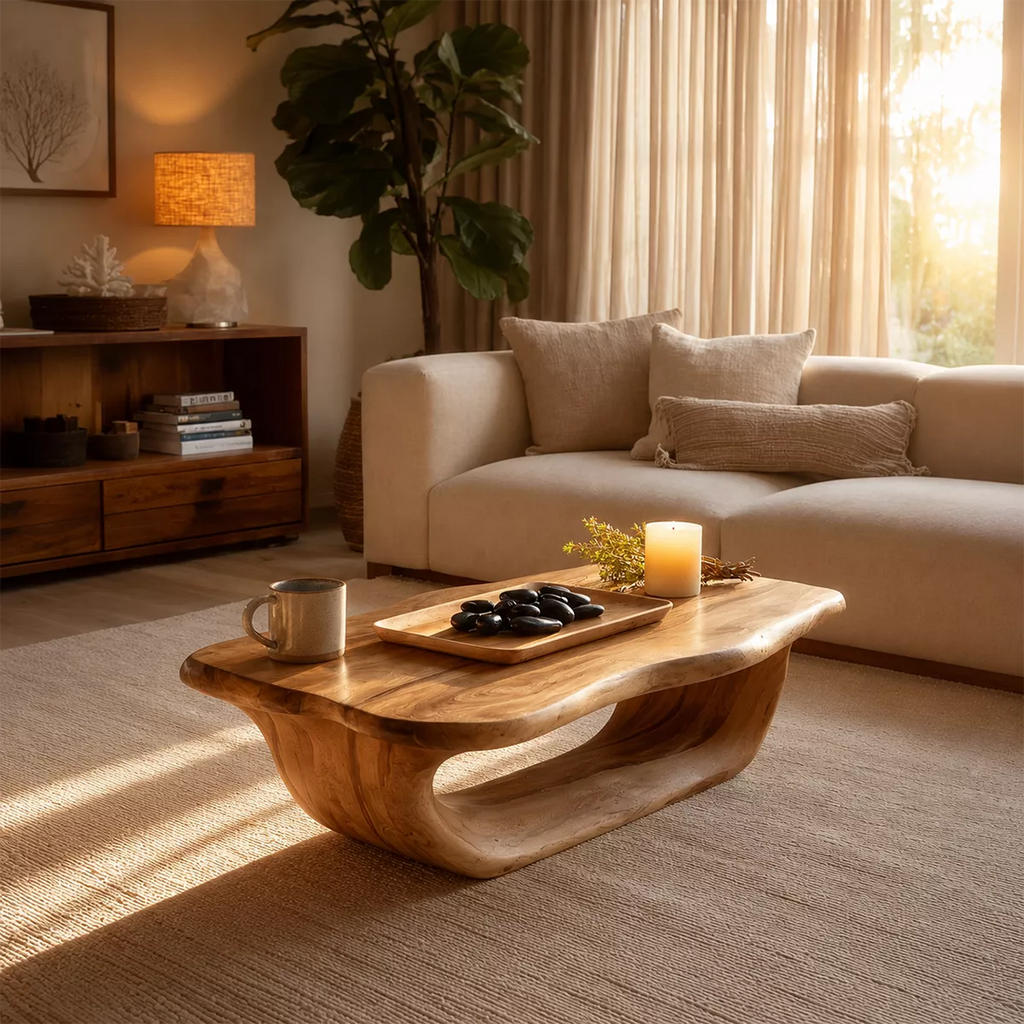 Organic Solid Wood Coffee Table With Live Edge Top And Sculptural Hollow Base For Cozy Living Room