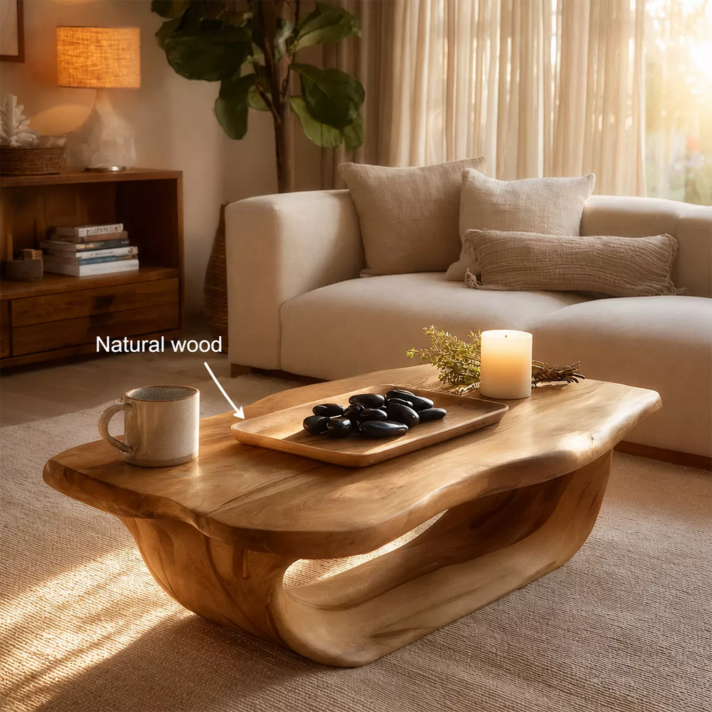 Organic Solid Wood Coffee Table With Live Edge Top And Sculptural Hollow Base For Cozy Living Room