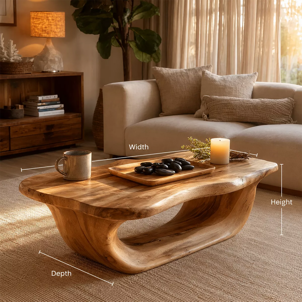 Organic Solid Wood Coffee Table With Live Edge Top And Sculptural Hollow Base For Cozy Living Room