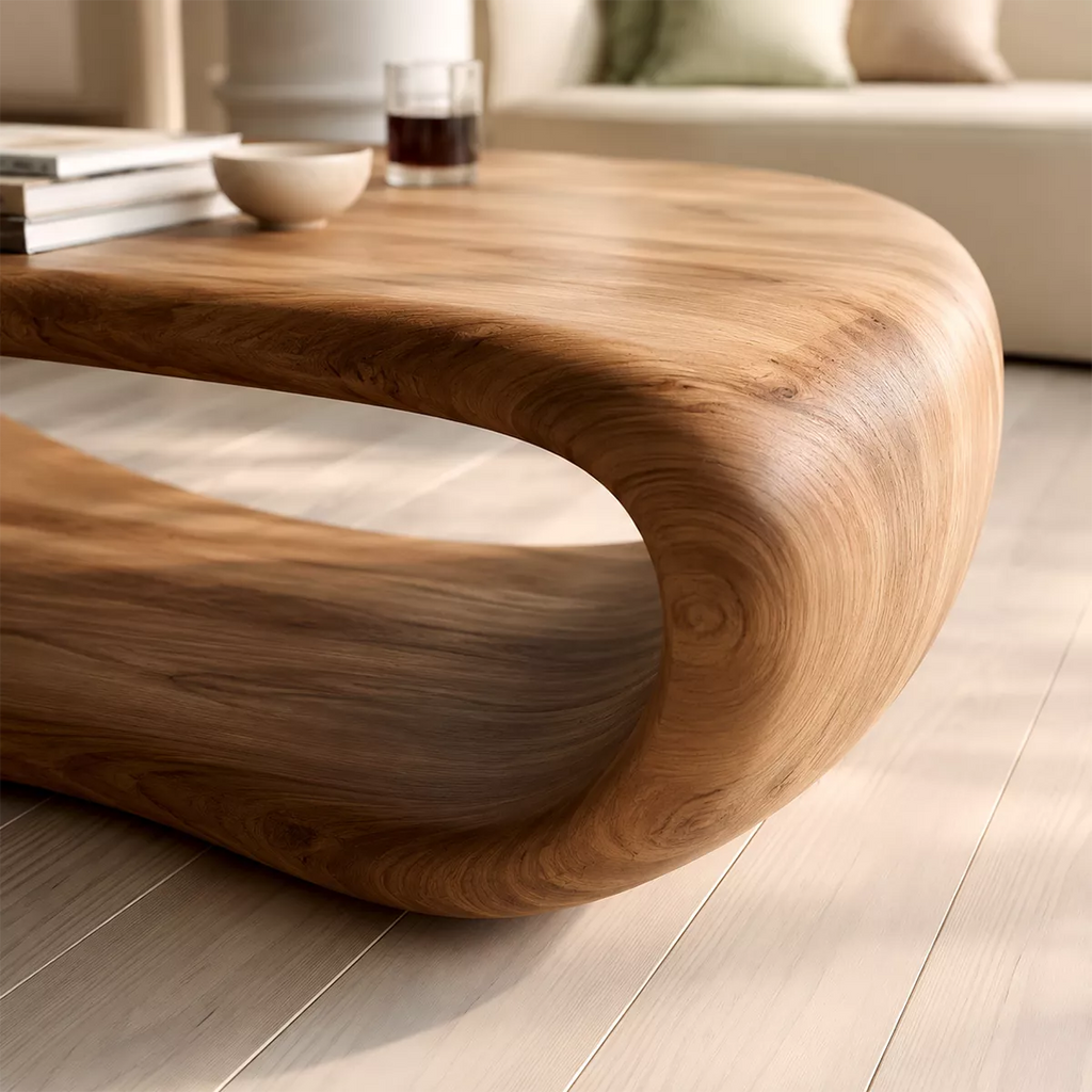 Sculptural Solid Wood Coffee Table With Open Waterfall Base And Natural Wood Grain For Modern Living Room