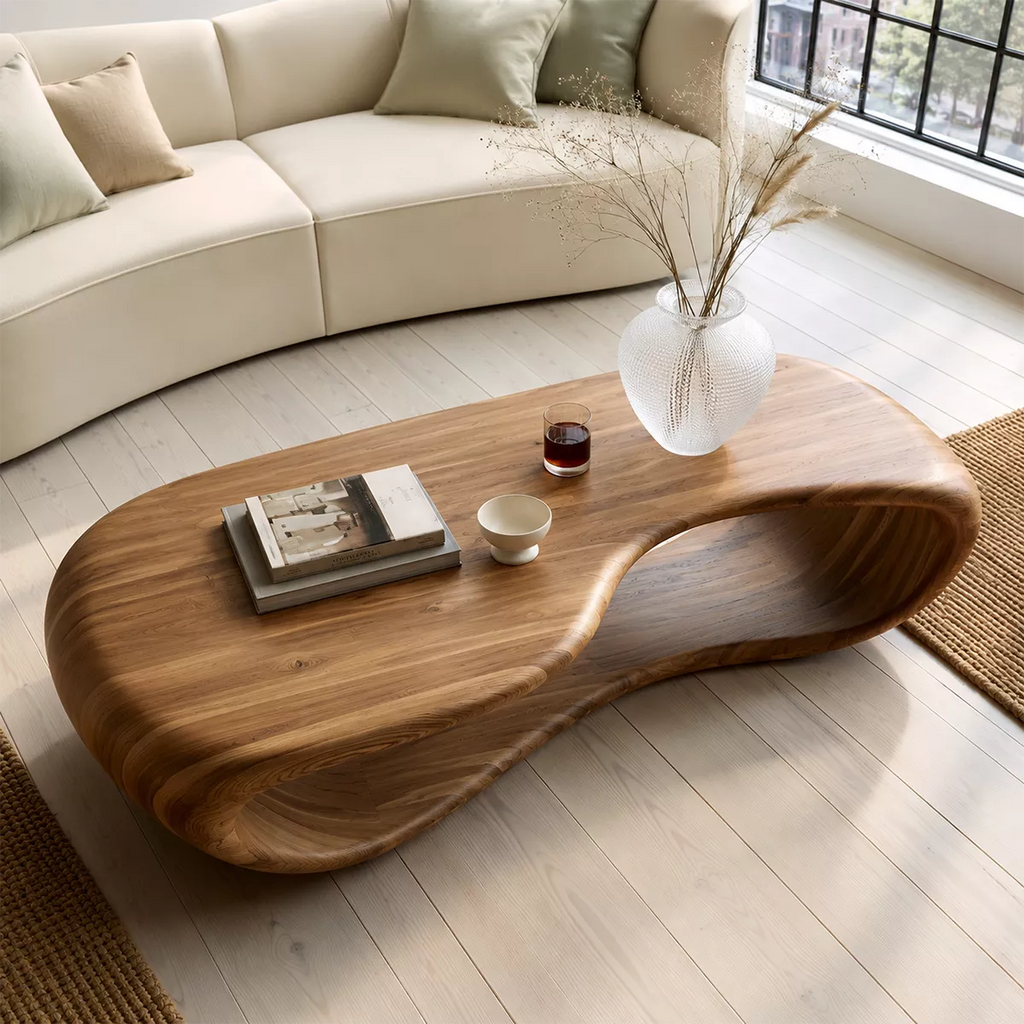 Sculptural Solid Wood Coffee Table With Open Waterfall Base And Natural Wood Grain For Modern Living Room