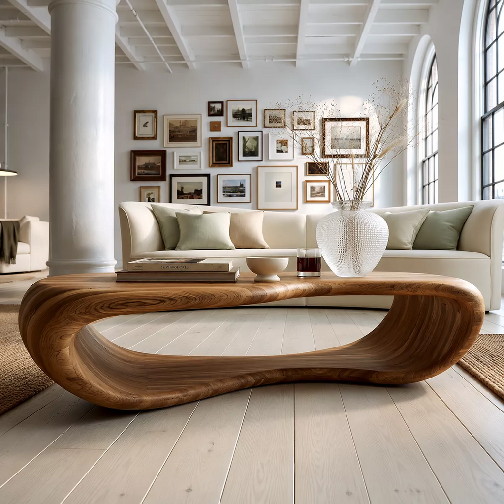 Sculptural Solid Wood Coffee Table With Open Waterfall Base And Natural Wood Grain For Modern Living Room