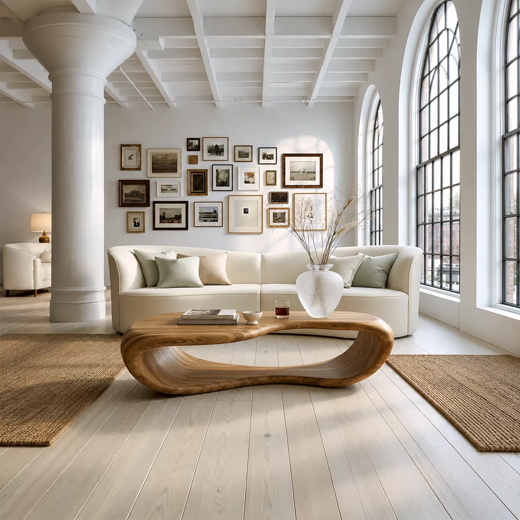 Sculptural Solid Wood Coffee Table With Open Waterfall Base And Natural Wood Grain For Modern Living Room