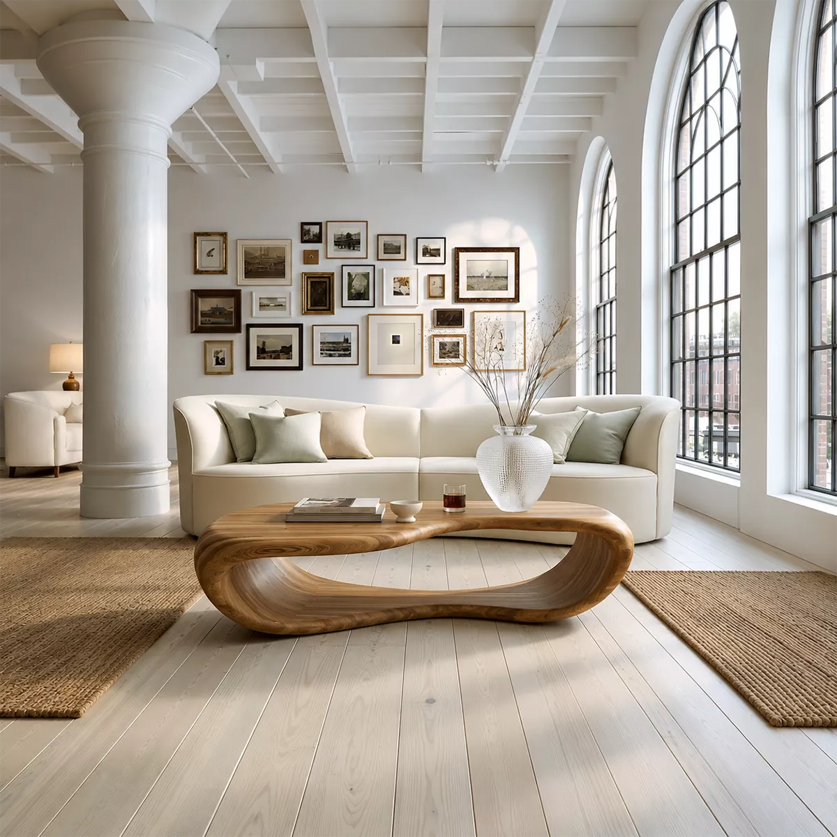 Sculptural Solid Wood Coffee Table With Open Waterfall Base And Natural Wood Grain For Modern Living Room