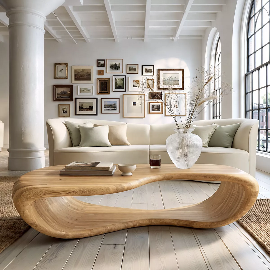 Sculptural Solid Wood Coffee Table With Open Waterfall Base And Natural Wood Grain For Modern Living Room