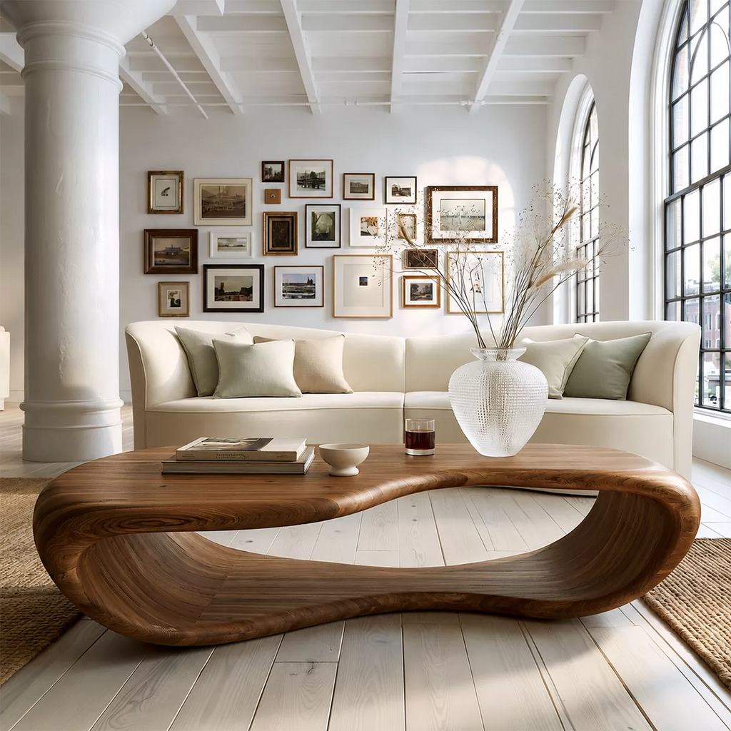 Sculptural Solid Wood Coffee Table With Open Waterfall Base And Natural Wood Grain For Modern Living Room