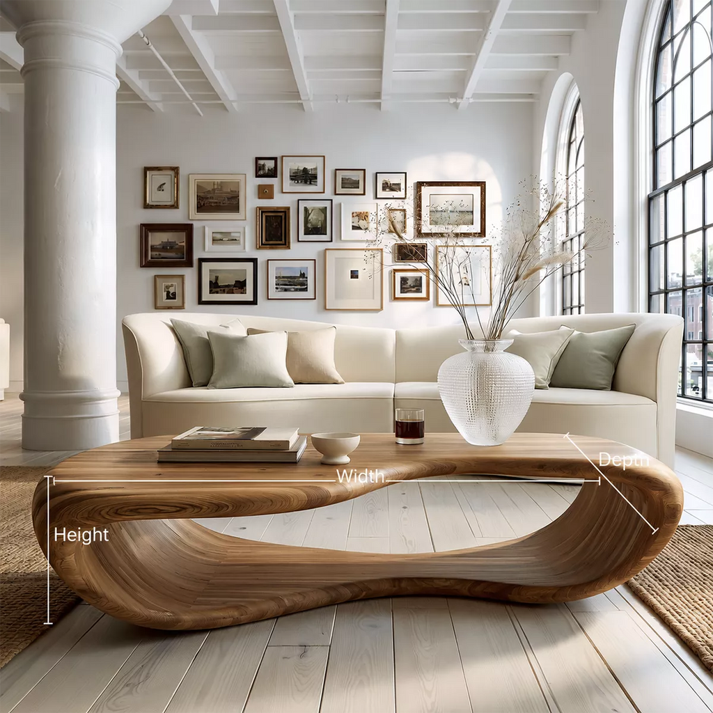 Sculptural Solid Wood Coffee Table With Open Waterfall Base And Natural Wood Grain For Modern Living Room