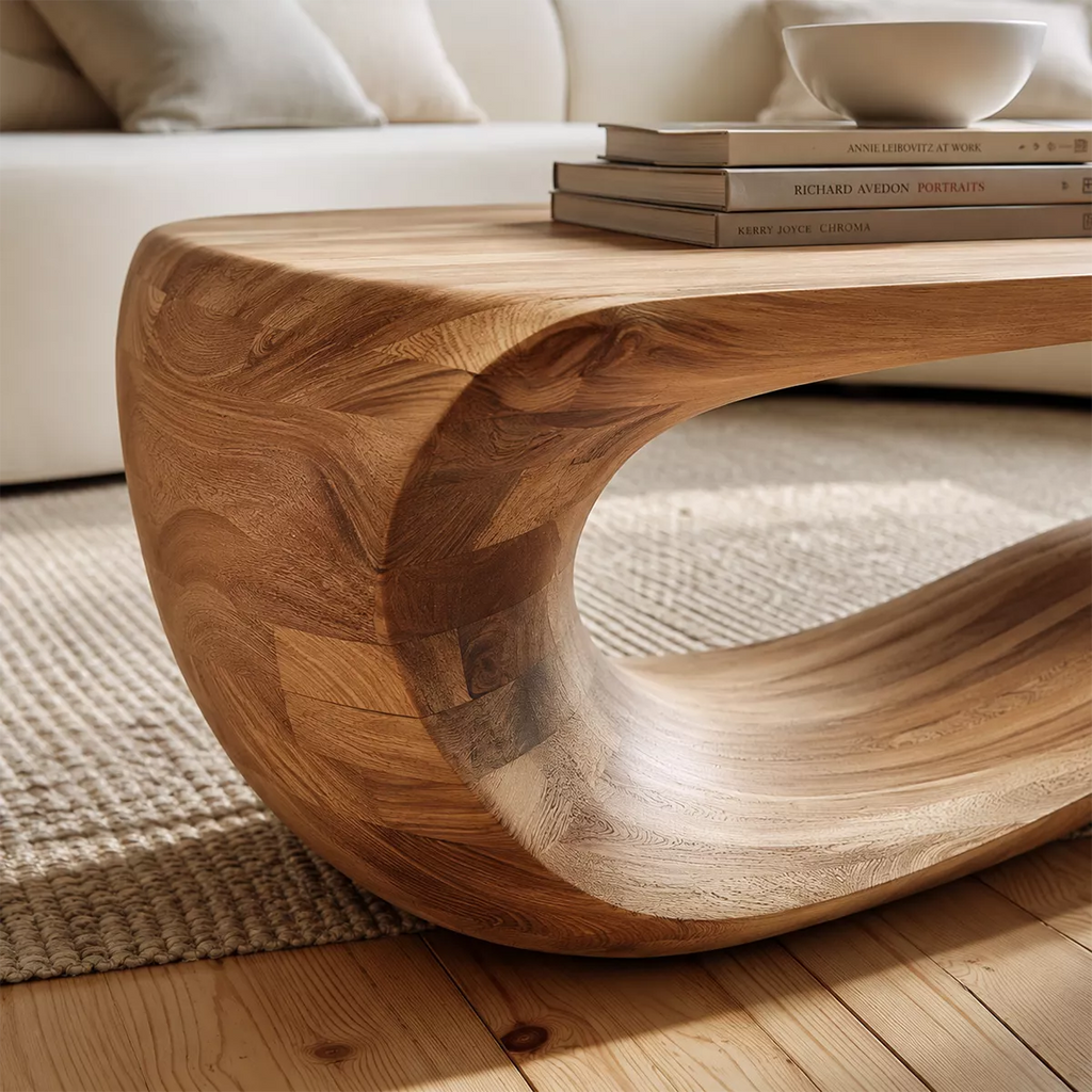 Sculptural Solid Wood Coffee Table With Wave Open Base And Natural Wood Grain For Modern Living Room
