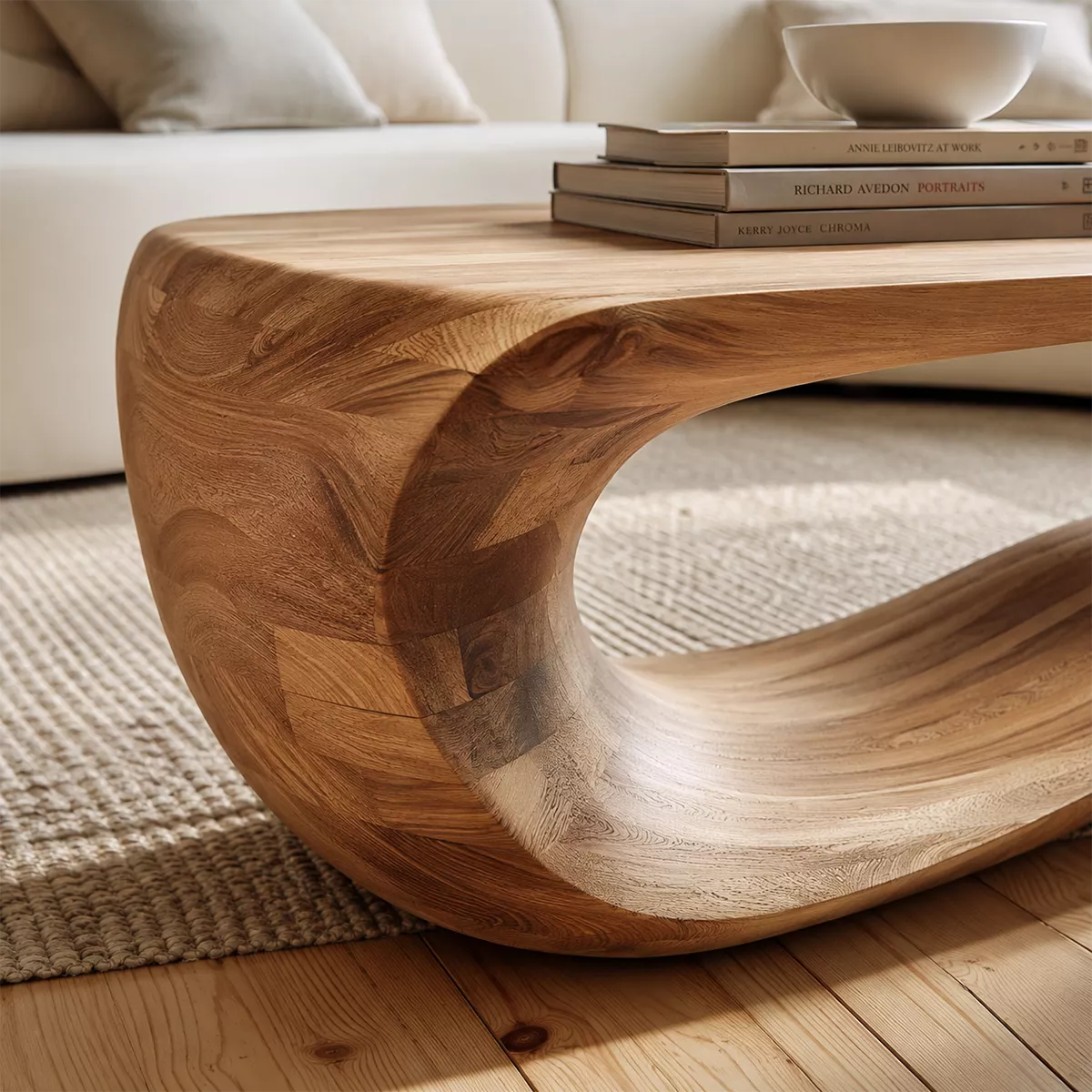 Sculptural Solid Wood Coffee Table With Wave Open Base And Natural Wood Grain For Modern Living Room