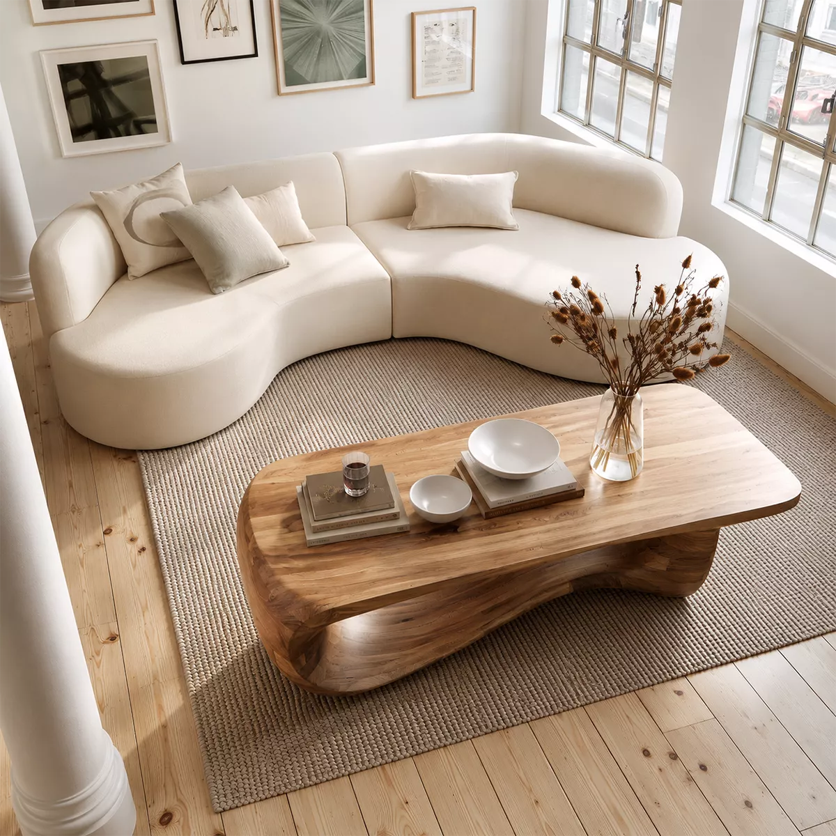 Sculptural Solid Wood Coffee Table With Wave Open Base And Natural Wood Grain For Modern Living Room