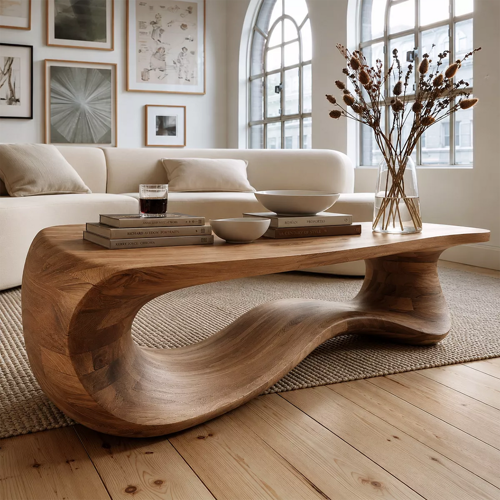 Sculptural Solid Wood Coffee Table With Wave Open Base And Natural Wood Grain For Modern Living Room
