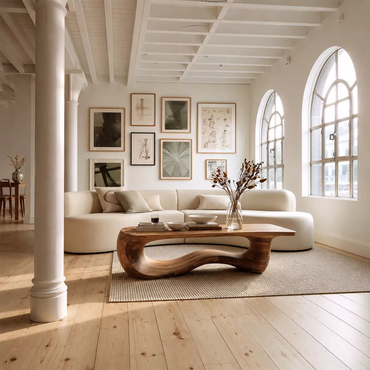 Sculptural Solid Wood Coffee Table With Wave Open Base And Natural Wood Grain For Modern Living Room