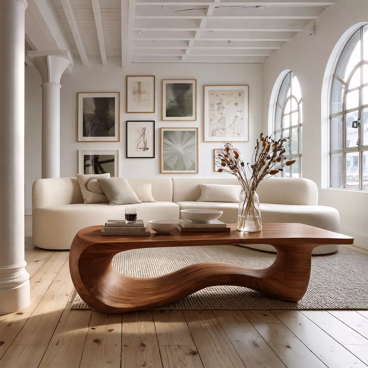 Sculptural Solid Wood Coffee Table With Wave Open Base And Natural Wood Grain For Modern Living Room