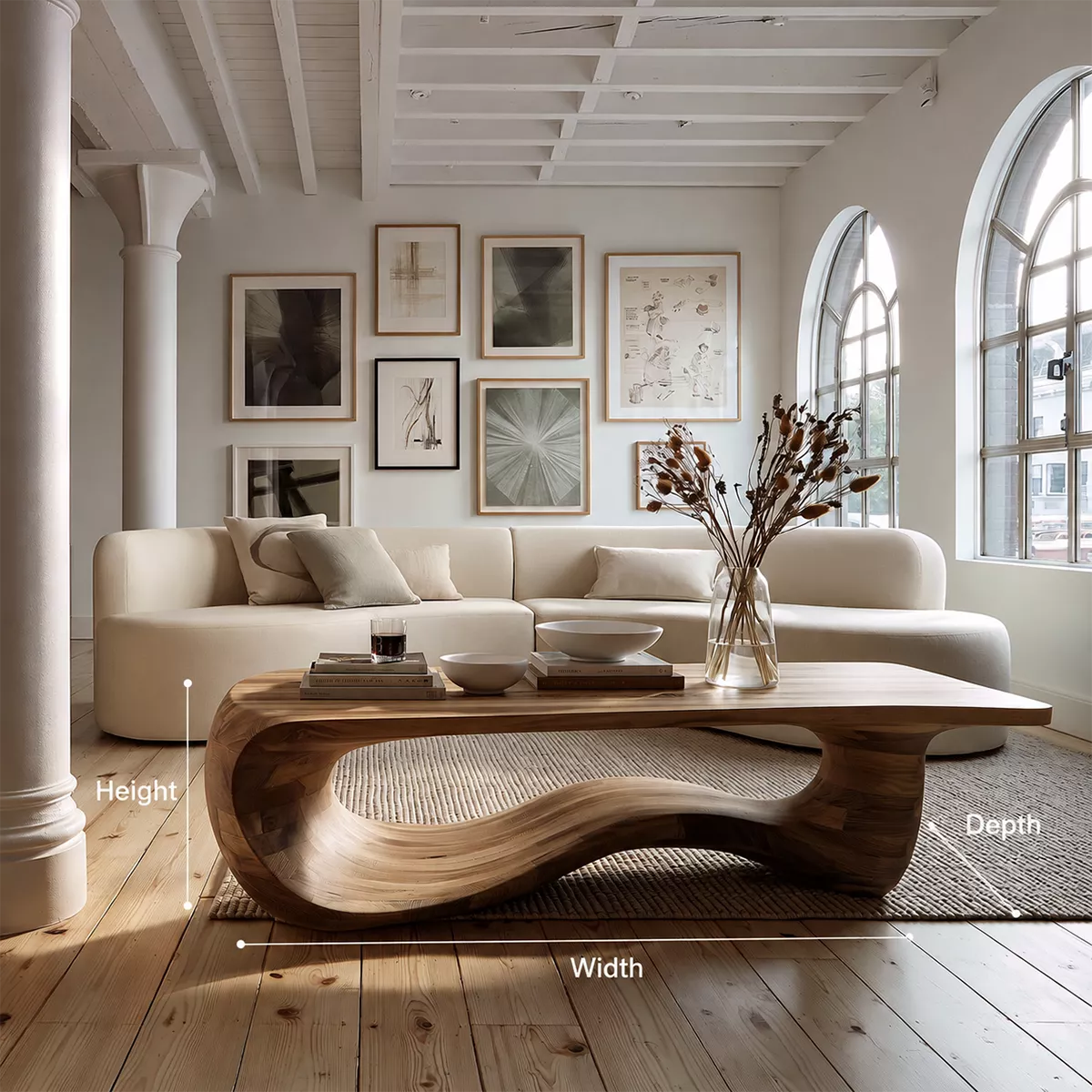 Sculptural Solid Wood Coffee Table With Wave Open Base And Natural Wood Grain For Modern Living Room