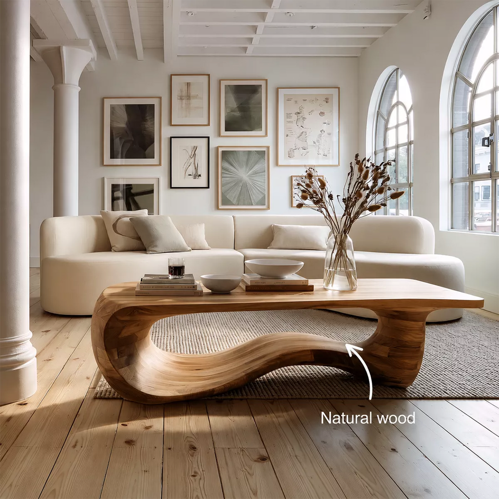 Sculptural Solid Wood Coffee Table With Wave Open Base And Natural Wood Grain For Modern Living Room