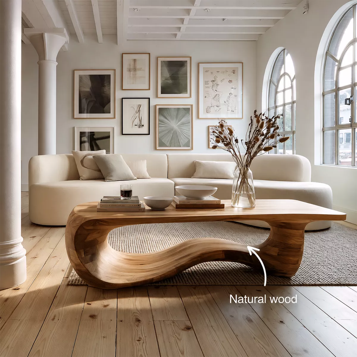 Sculptural Solid Wood Coffee Table With Wave Open Base And Natural Wood Grain For Modern Living Room