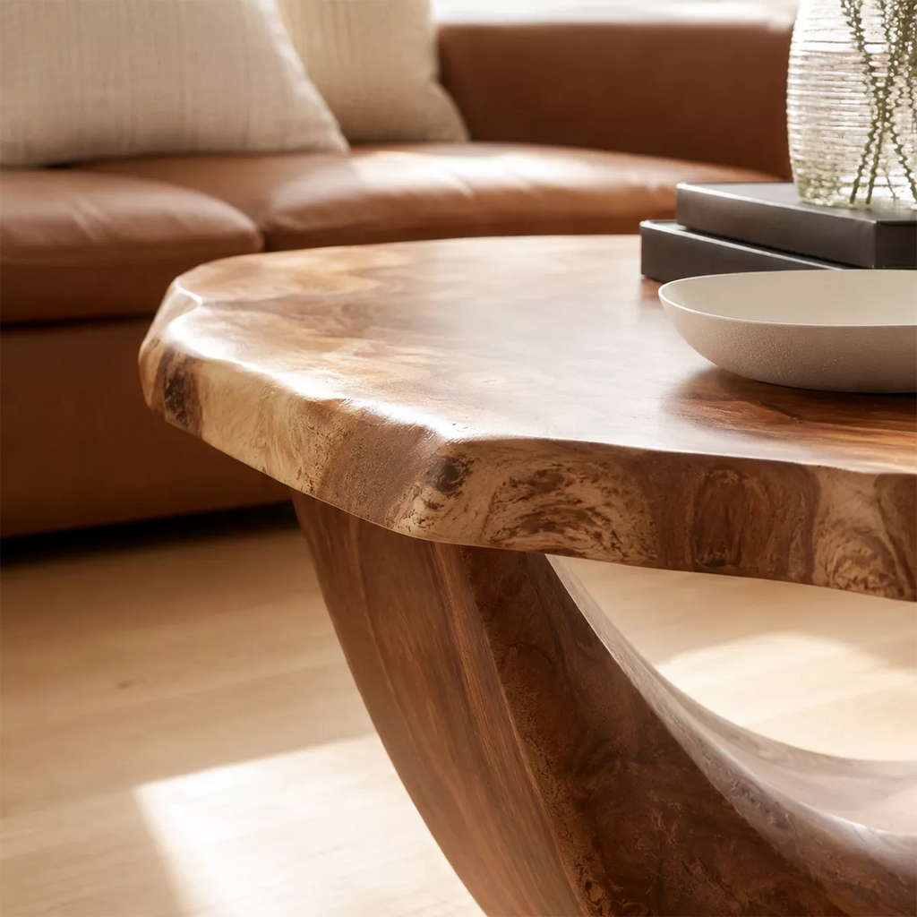 Organic Solid Wood Coffee Table With Live Edge Oval Top And Sculptural Open Base For Modern Living Room