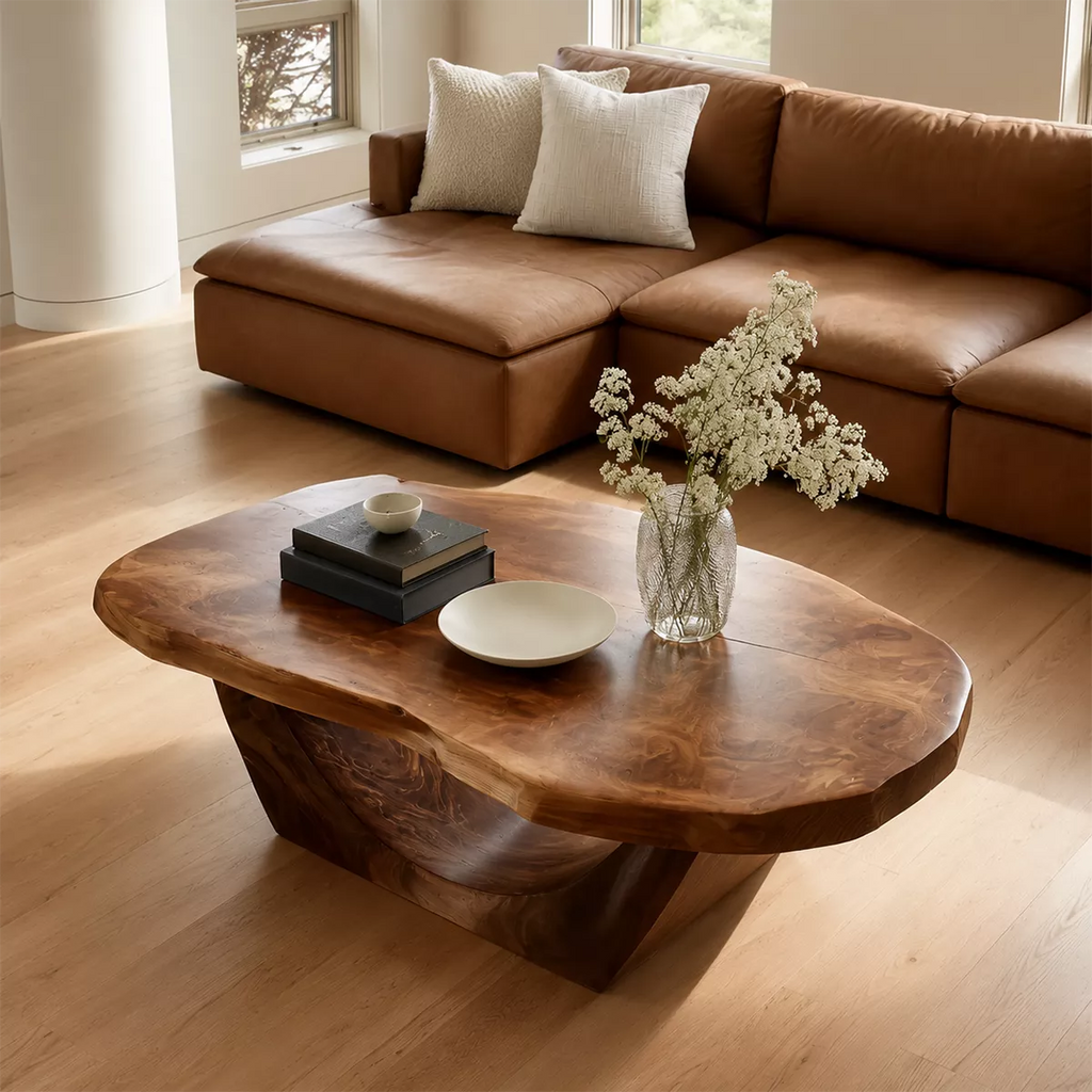 Organic Solid Wood Coffee Table With Live Edge Oval Top And Sculptural Open Base For Modern Living Room