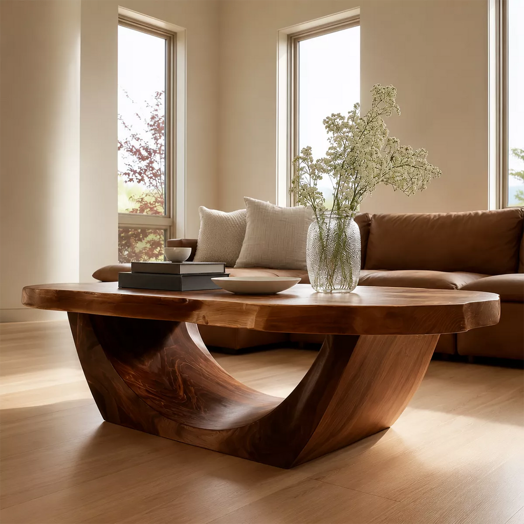 Organic Solid Wood Coffee Table With Live Edge Oval Top And Sculptural Open Base For Modern Living Room