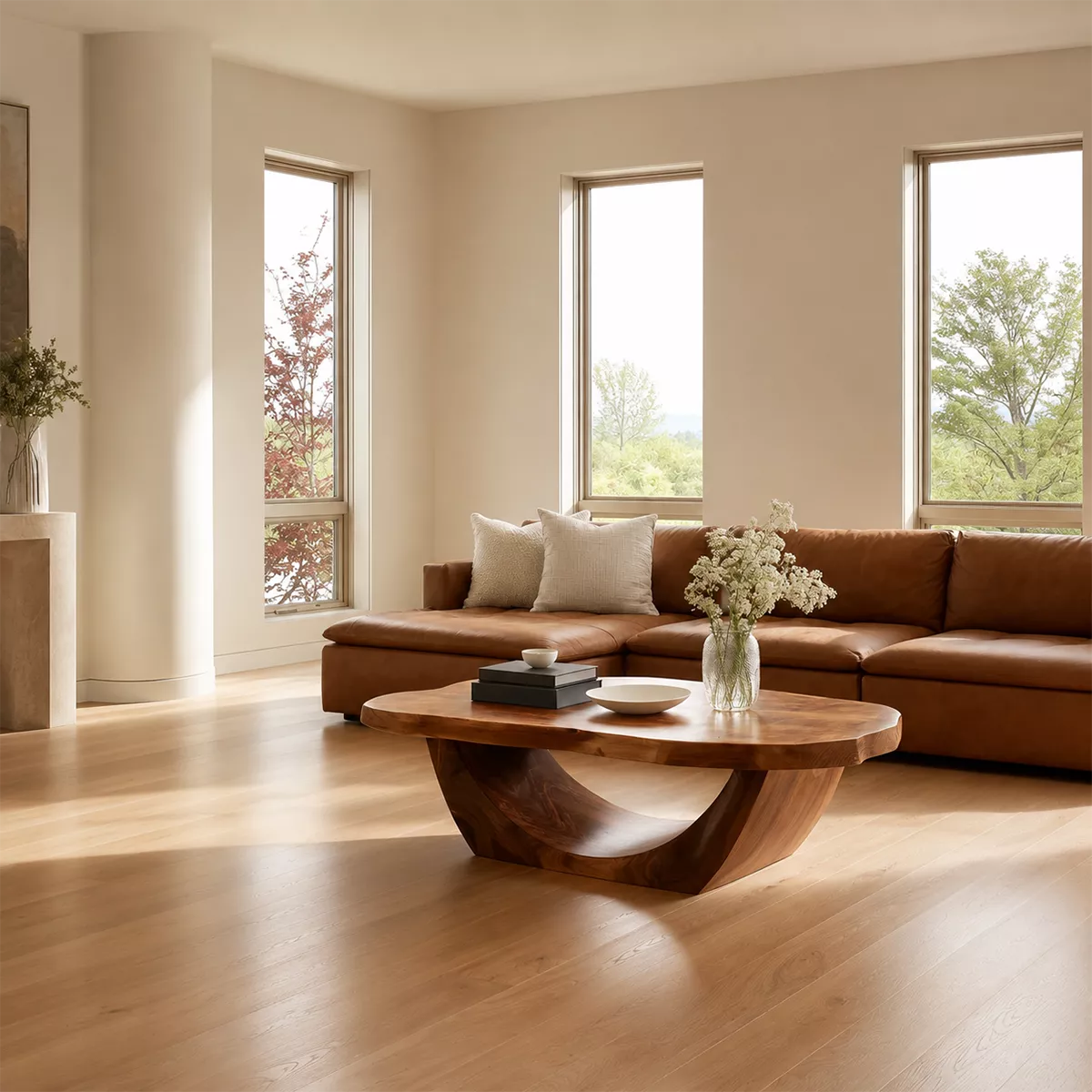 Organic Solid Wood Coffee Table With Live Edge Oval Top And Sculptural Open Base For Modern Living Room