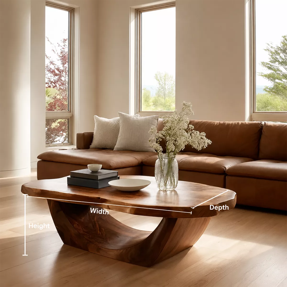 Organic Solid Wood Coffee Table With Live Edge Oval Top And Sculptural Open Base For Modern Living Room