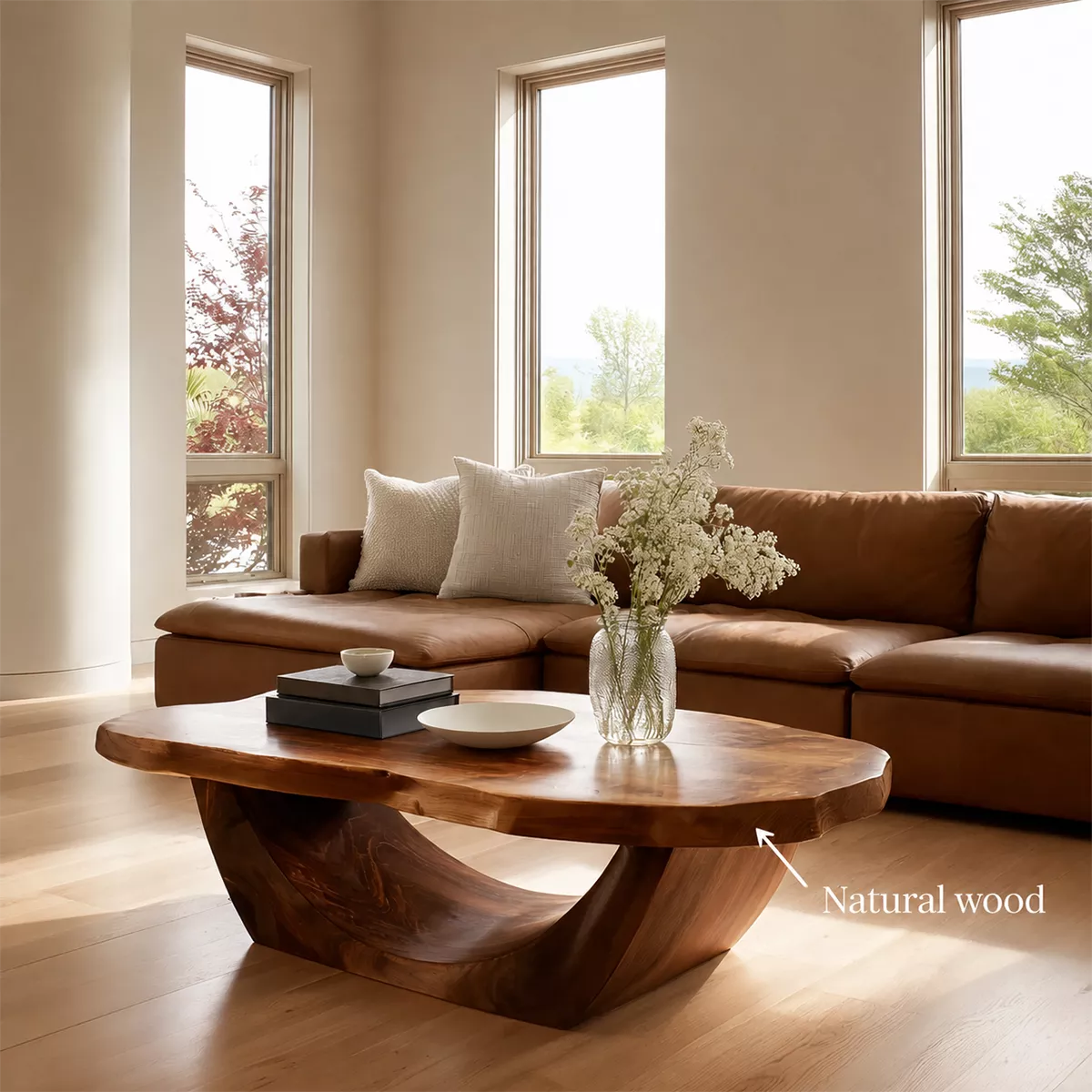 Organic Solid Wood Coffee Table With Live Edge Oval Top And Sculptural Open Base For Modern Living Room
