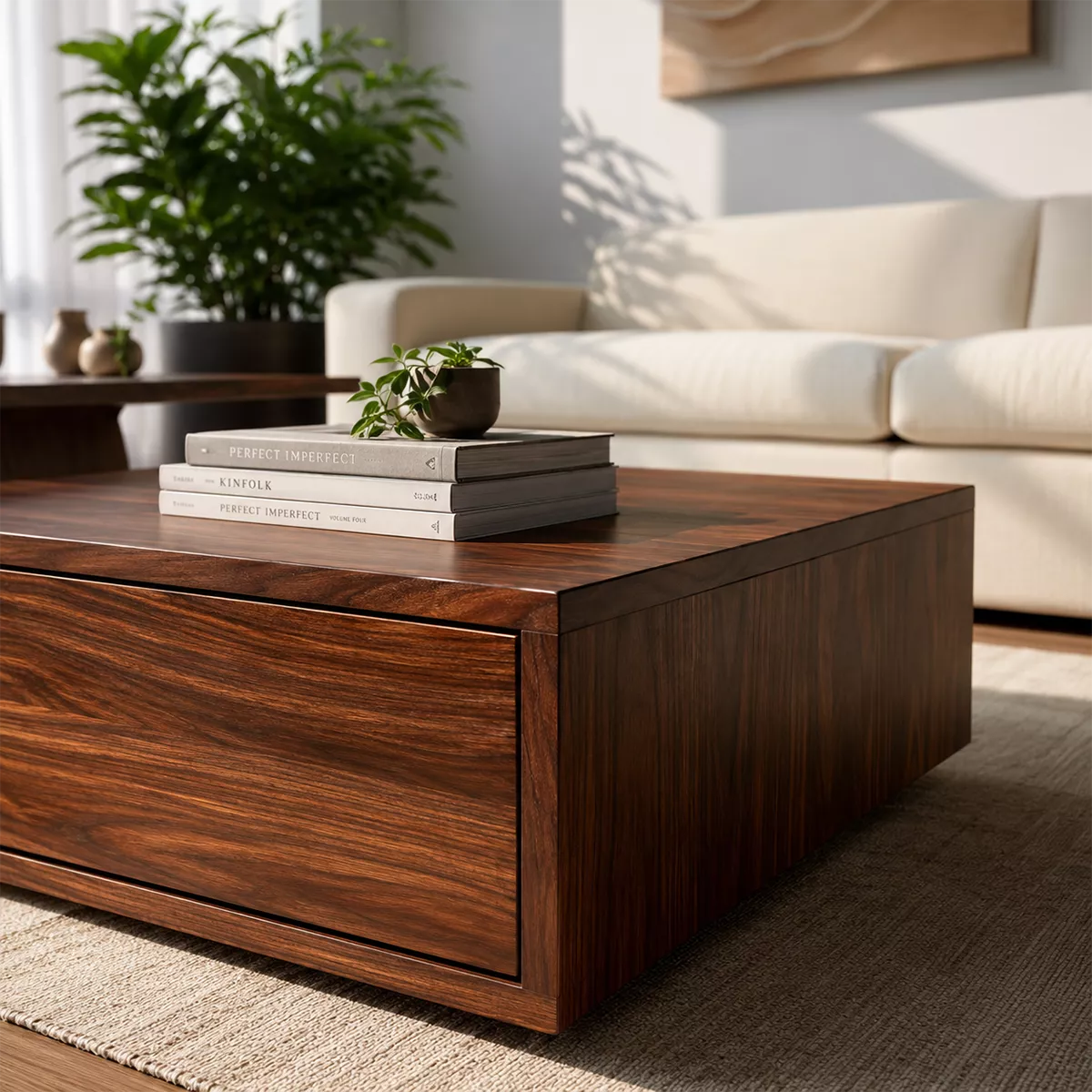 Modern Solid Wood Coffee Table With Raised Top Storage Drawer And Sculptural Base For Living Room
