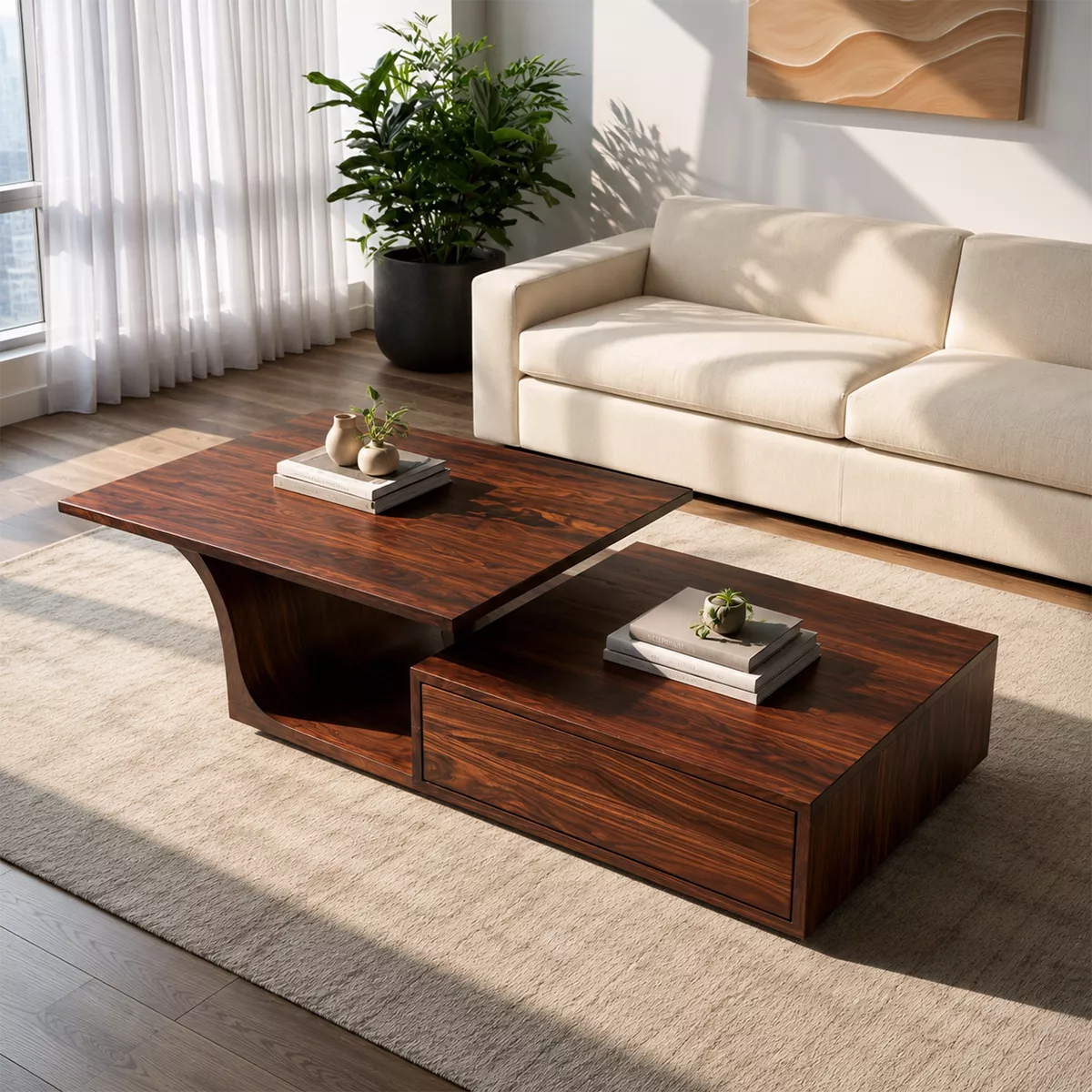Modern Solid Wood Coffee Table With Raised Top Storage Drawer And Sculptural Base For Living Room