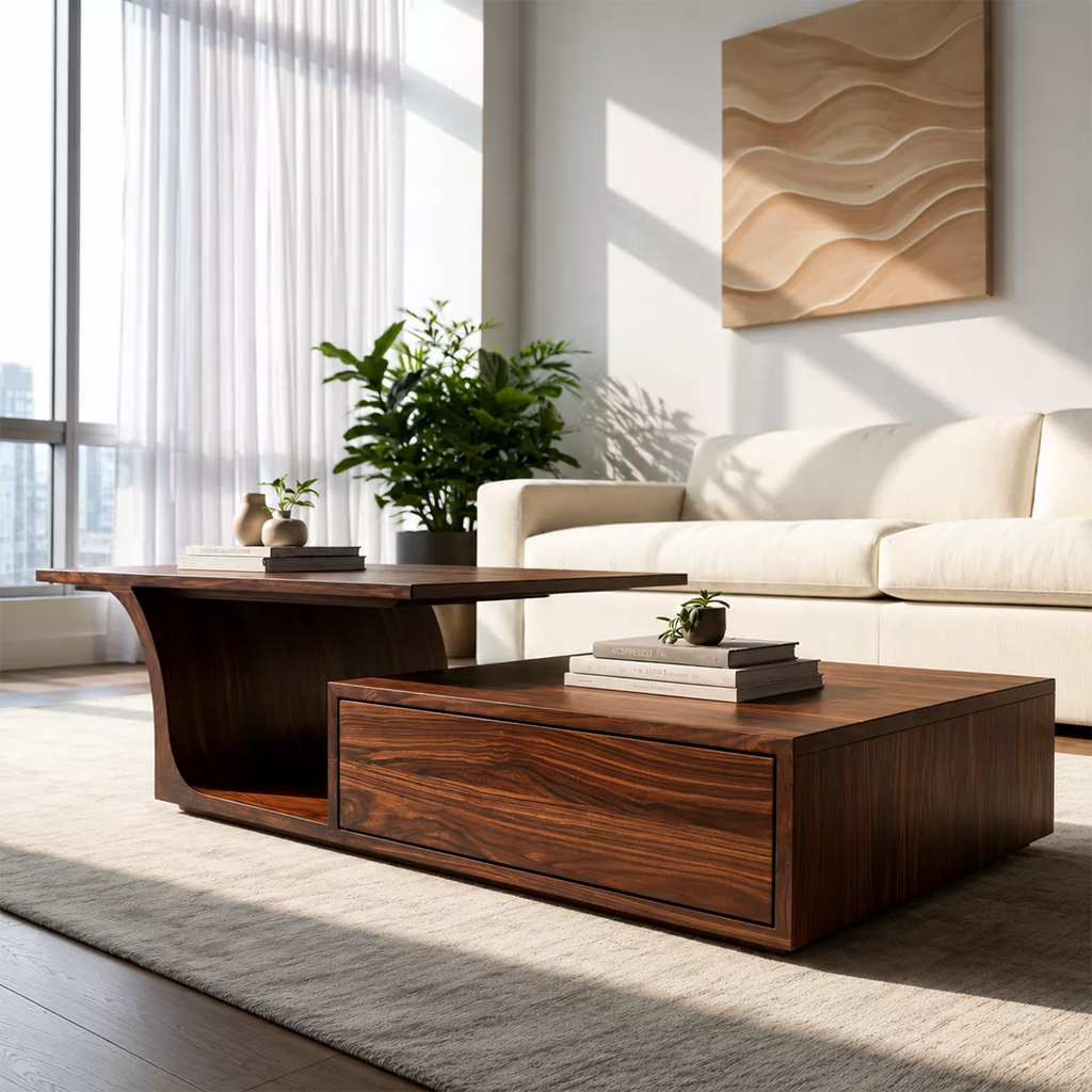 Modern Solid Wood Coffee Table With Raised Top Storage Drawer And Sculptural Base For Living Room