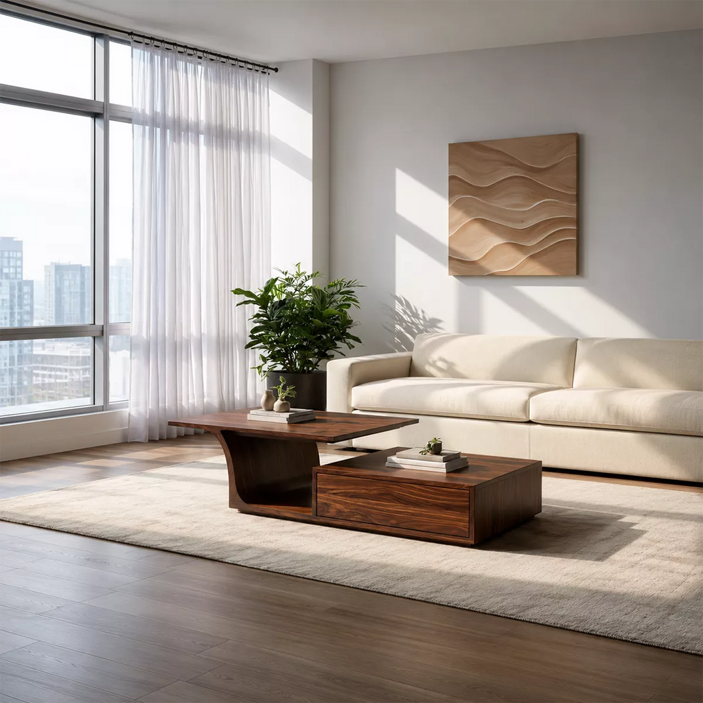 Modern Solid Wood Coffee Table With Raised Top Storage Drawer And Sculptural Base For Living Room