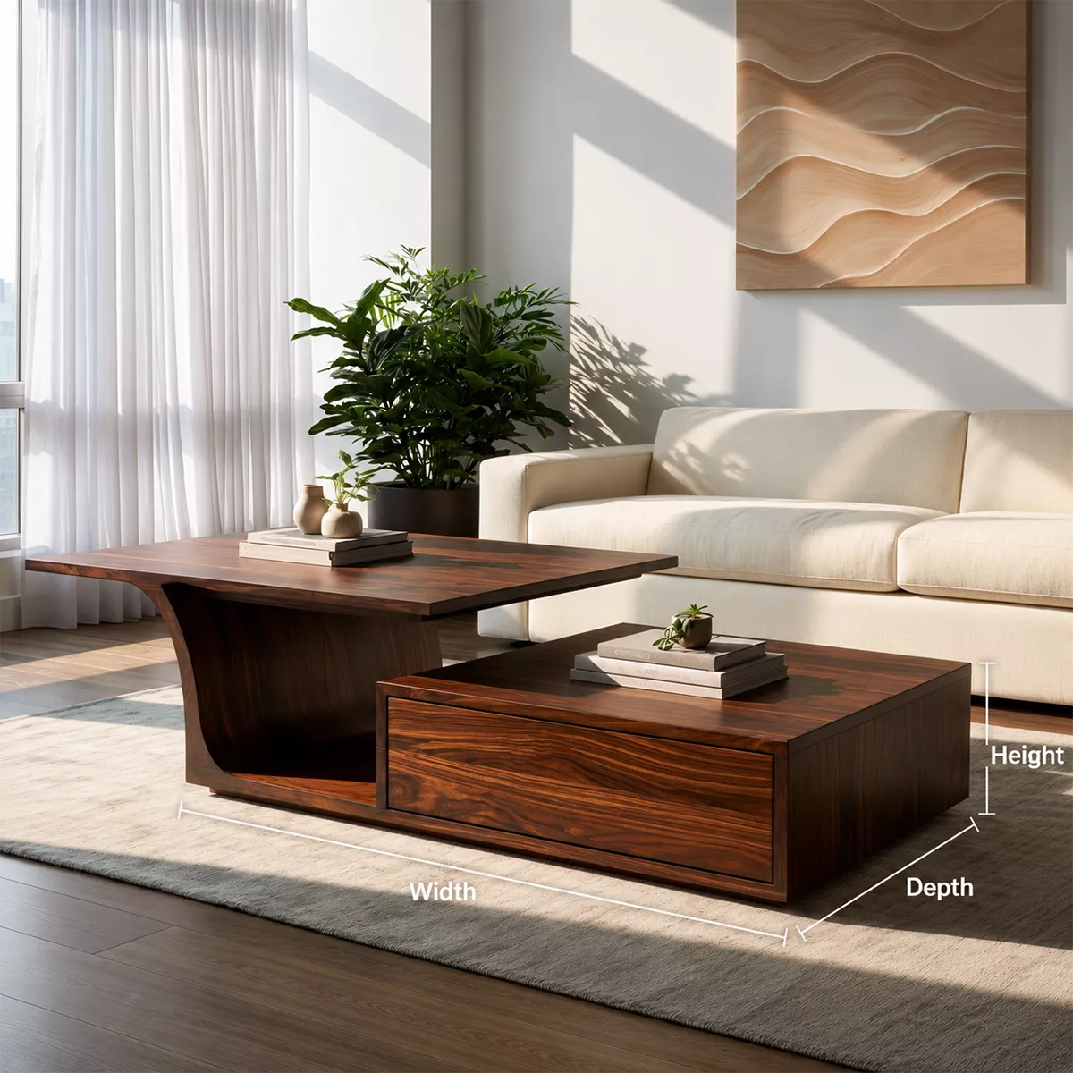 Modern Solid Wood Coffee Table With Raised Top Storage Drawer And Sculptural Base For Living Room