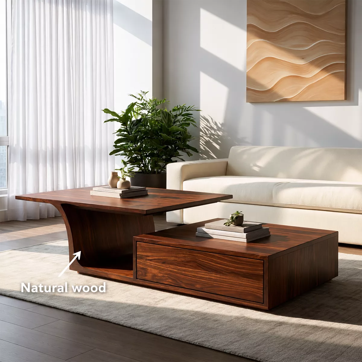 Modern Solid Wood Coffee Table With Raised Top Storage Drawer And Sculptural Base For Living Room